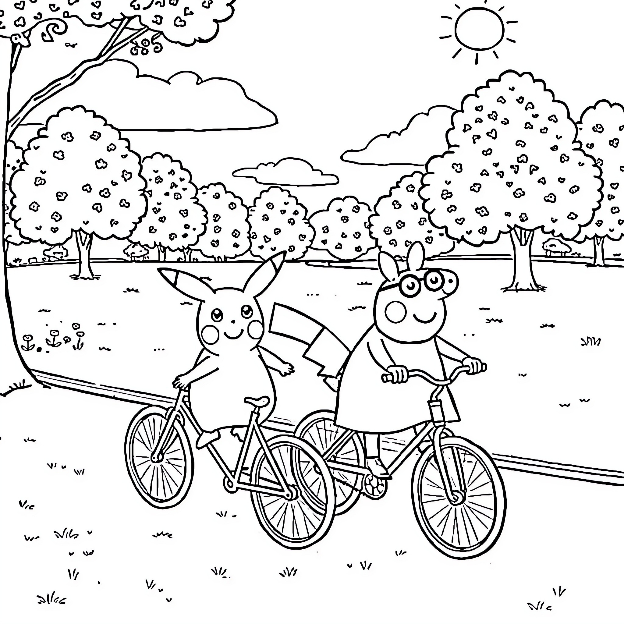 Pikachu and Peppa Pig cycling together in a colorful park Coloring Page (free black-and-white line drawing printable PDF for all, from beginners to advanced learners, including children, teens, adults, and seniors)