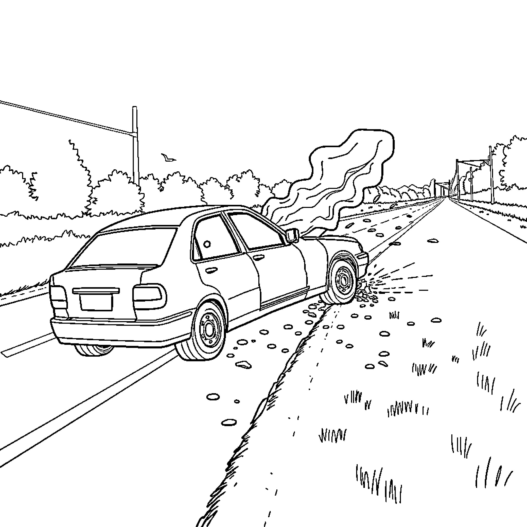 Crash on the rural road with smoke Coloring Page (free black-and-white line drawing printable PDF for all, from beginners to advanced learners, including children, teens, adults, and seniors)