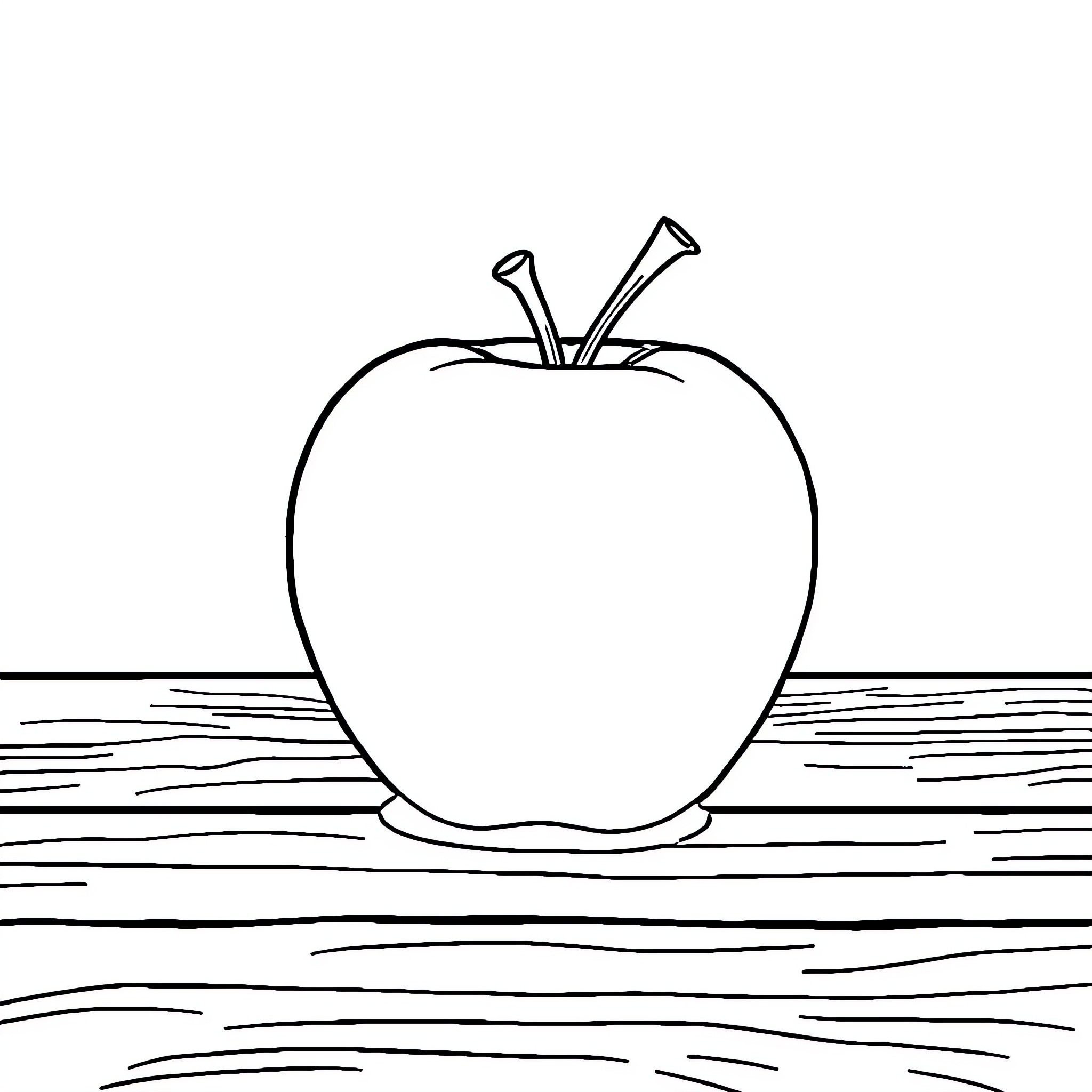 Apple on a Wooden Surface Coloring Page (free black-and-white line drawing printable PDF for all, from beginners to advanced learners, including children, teens, adults, and seniors)