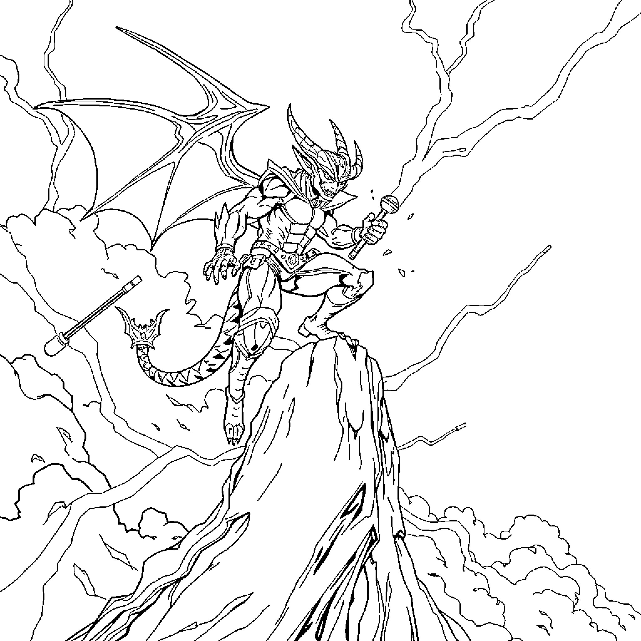 Demon Hunter Battling Fierce Dragon Amidst Stormy Skies Coloring Page (free black-and-white line drawing printable PDF for all, from beginners to advanced learners, including children, teens, adults, and seniors)