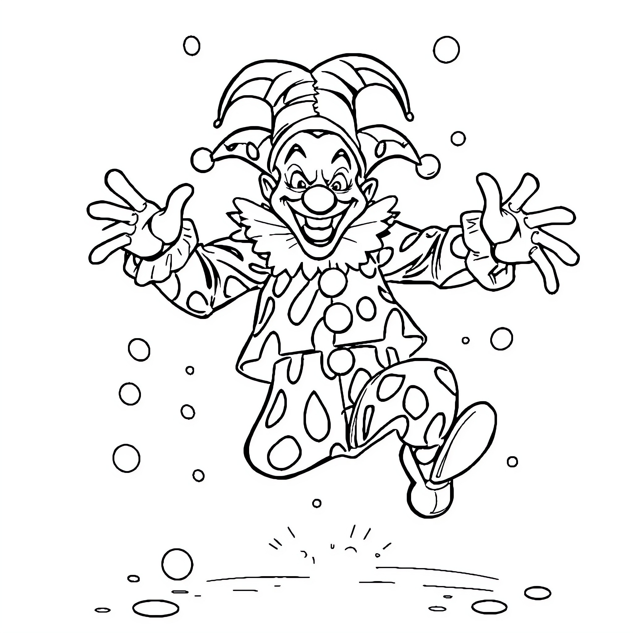 Jester Clown Jumping with Excitement Coloring Page (free black-and-white line drawing printable PDF for all, from beginners to advanced learners, including children, teens, adults, and seniors)
