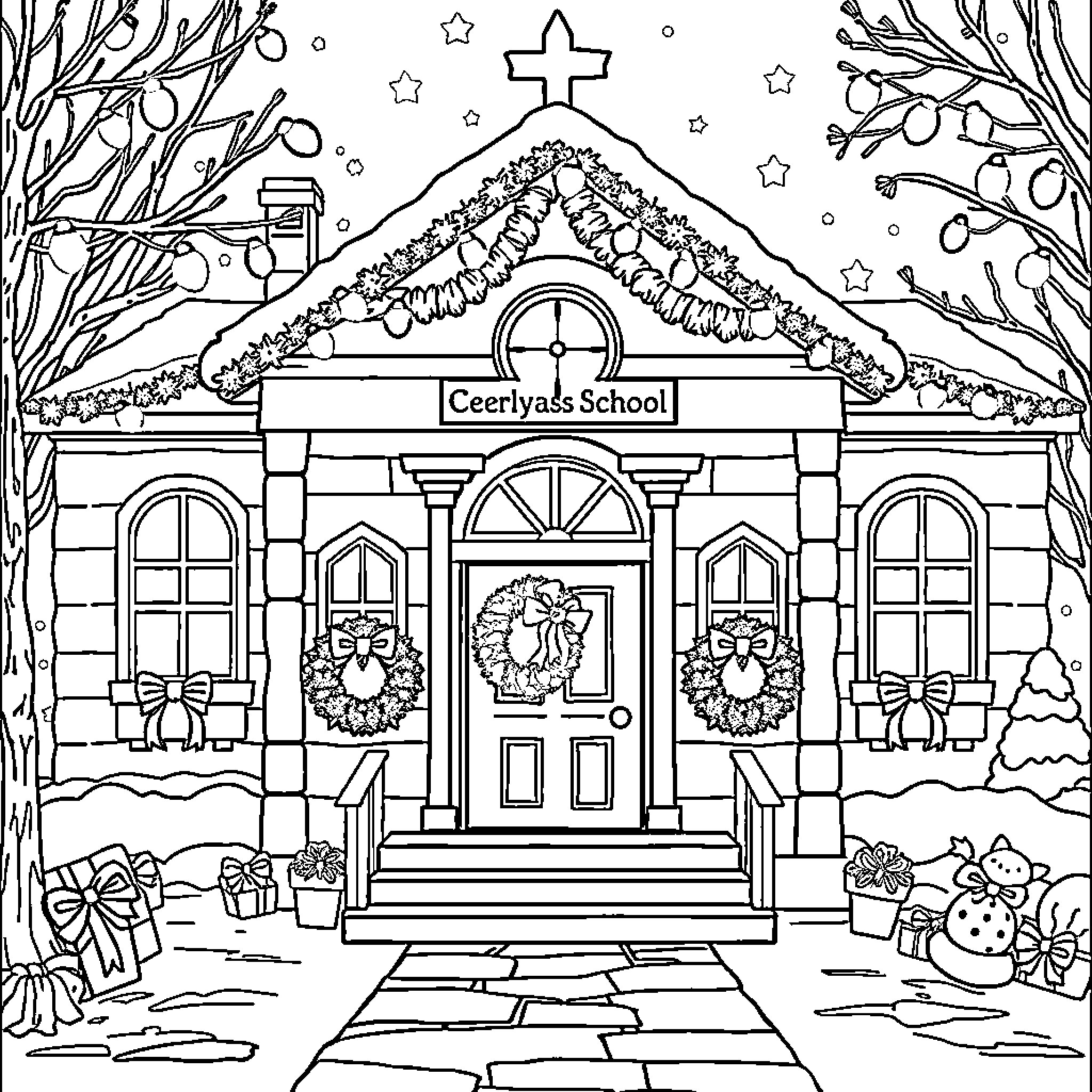 Christmas Decorations at Ceerlyass School Coloring Page (free black-and-white line drawing printable PDF for all, from beginners to advanced learners, including children, teens, adults, and seniors)