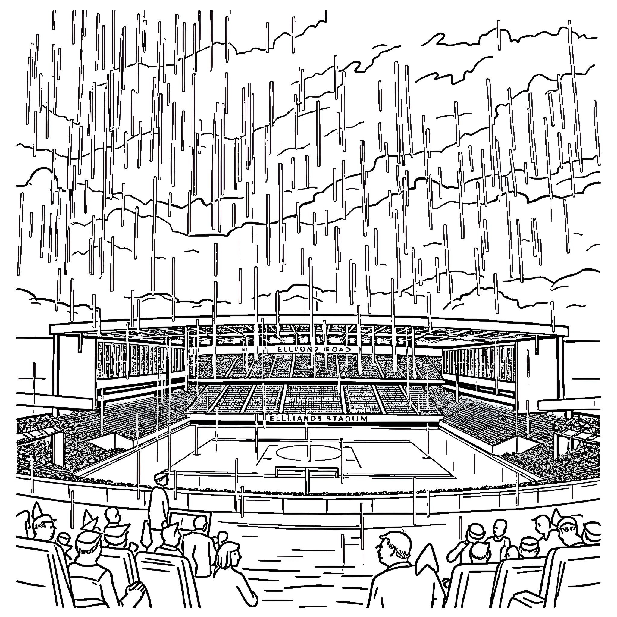 Elland Road: Bustling Stadium Scene Coloring Page (free black-and-white line drawing printable PDF for all, from beginners to advanced learners, including children, teens, adults, and seniors)