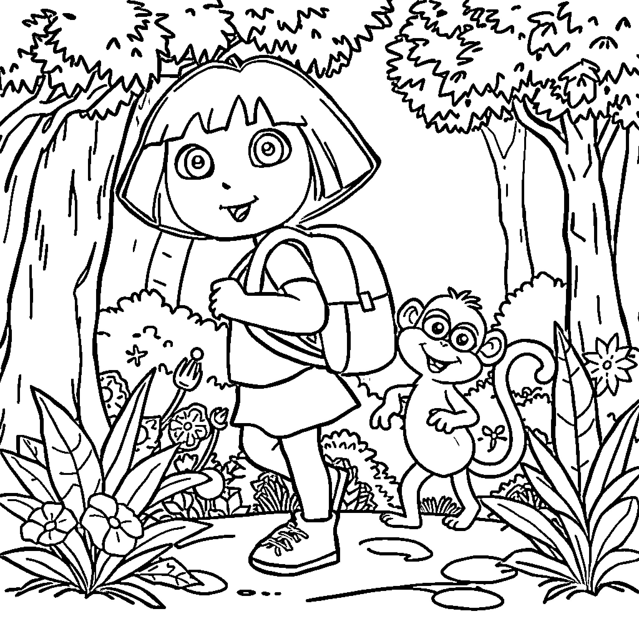 Dora exploring the lush forest with her animal friend Coloring Page (free black-and-white line drawing printable PDF for all, from beginners to advanced learners, including children, teens, adults, and seniors)