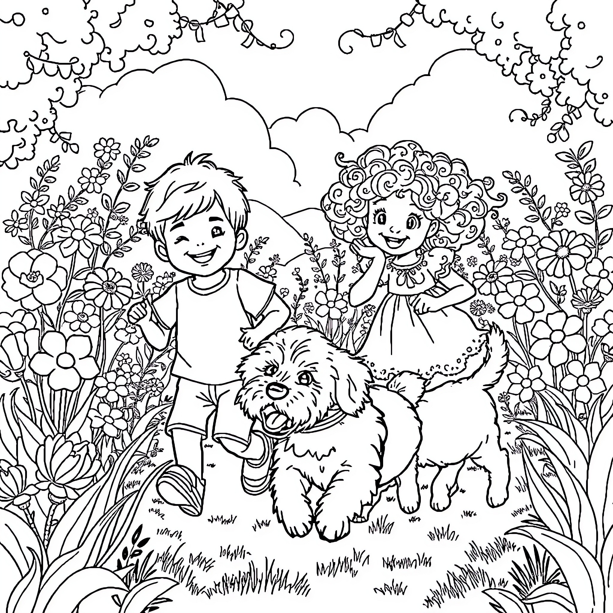 Child playing with dog in a flower garden Coloring Page (free black-and-white line drawing printable PDF for all, from beginners to advanced learners, including children, teens, adults, and seniors)