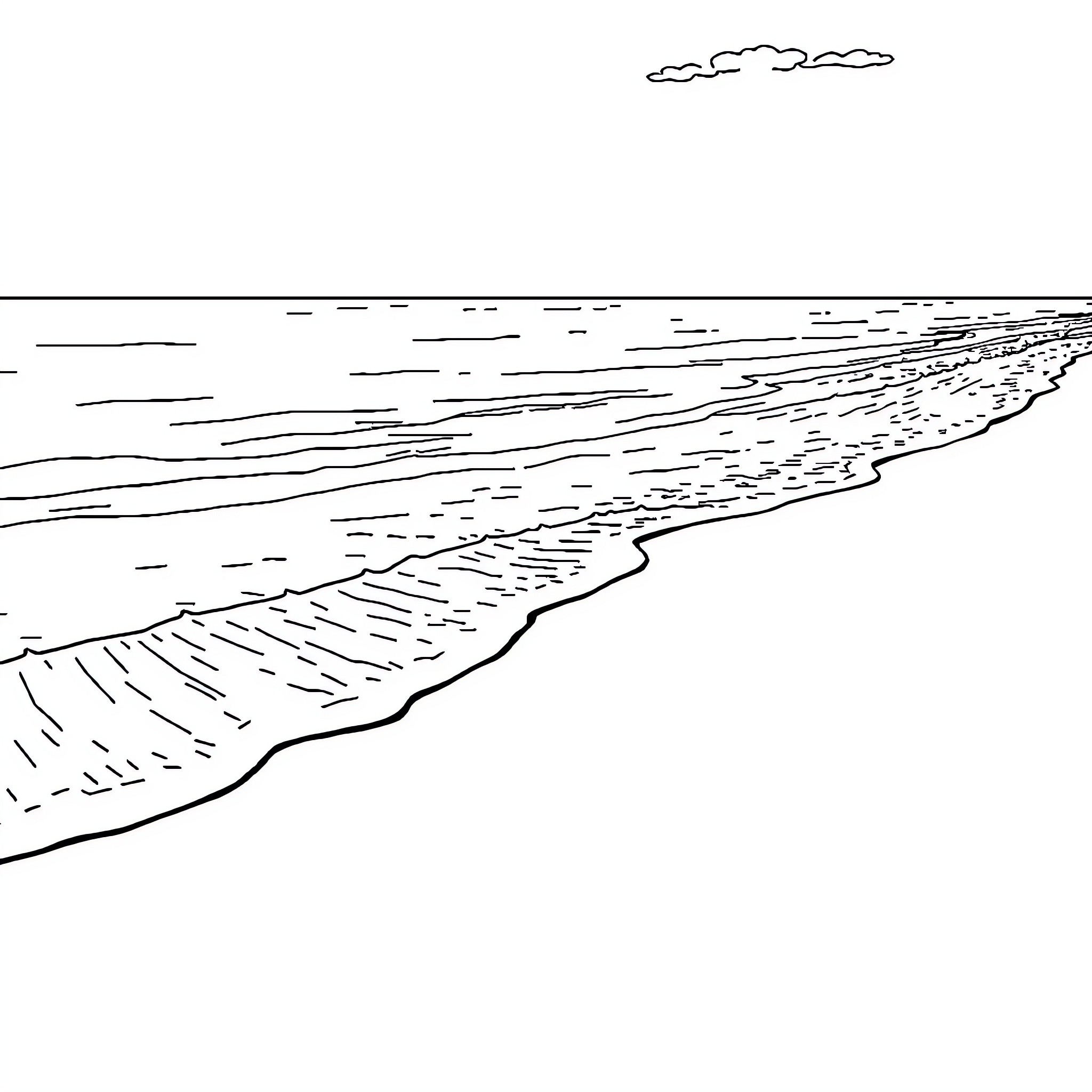 Beach landscape with waves and horizon Coloring Page (free black-and-white line drawing printable PDF for all, from beginners to advanced learners, including children, teens, adults, and seniors)