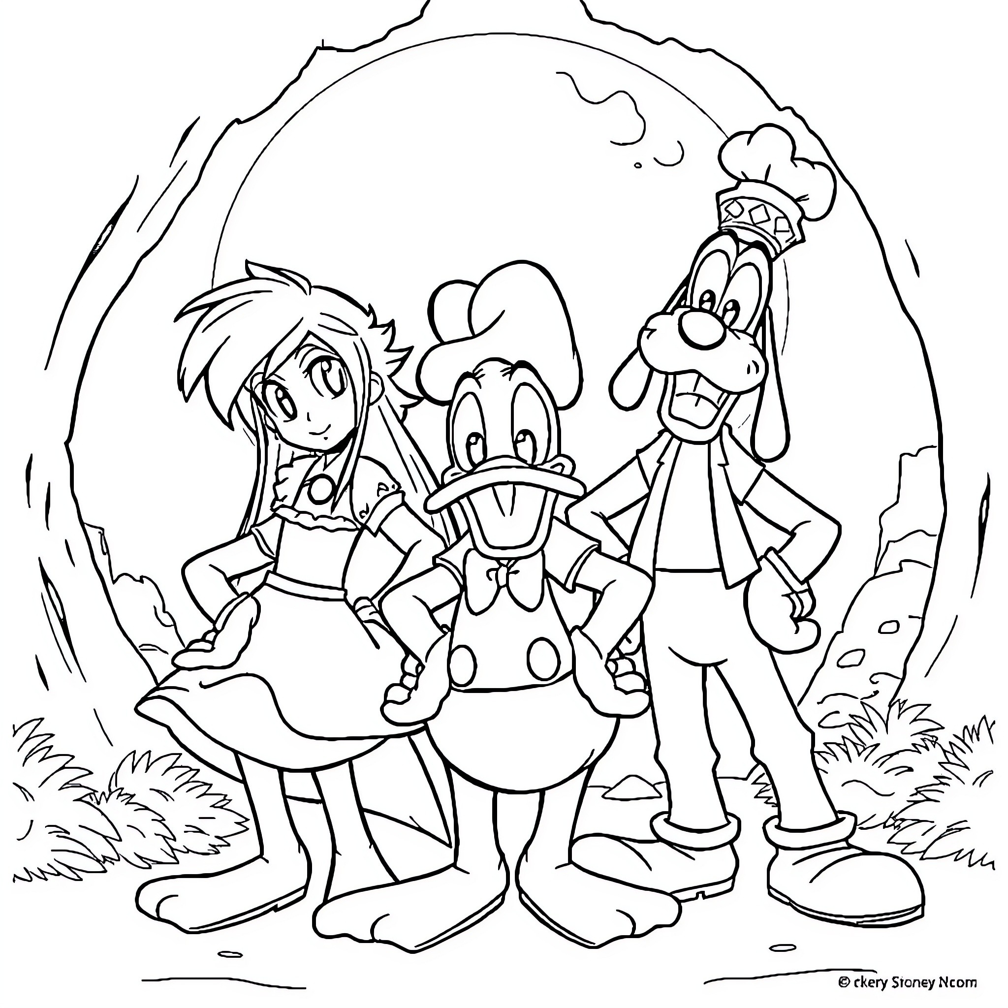 Sora's Adventure with Friends in the Enchanted Forest Coloring Page (free black-and-white line drawing printable PDF for all, from beginners to advanced learners, including children, teens, adults, and seniors)