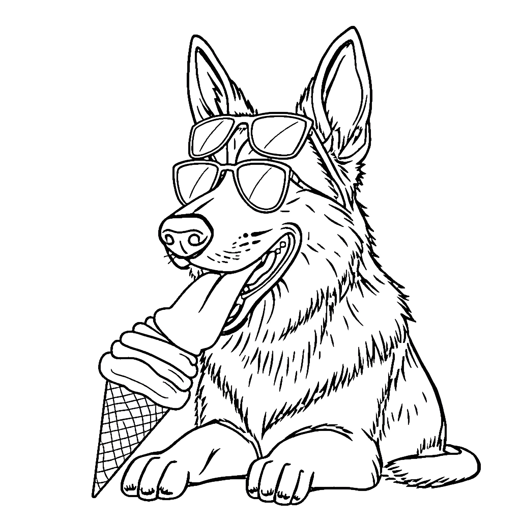 German Shepherd Dog Wearing Sunglasses and Holding Ice Cream Coloring Page (free black-and-white line drawing printable PDF for all, from beginners to advanced learners, including children, teens, adults, and seniors)