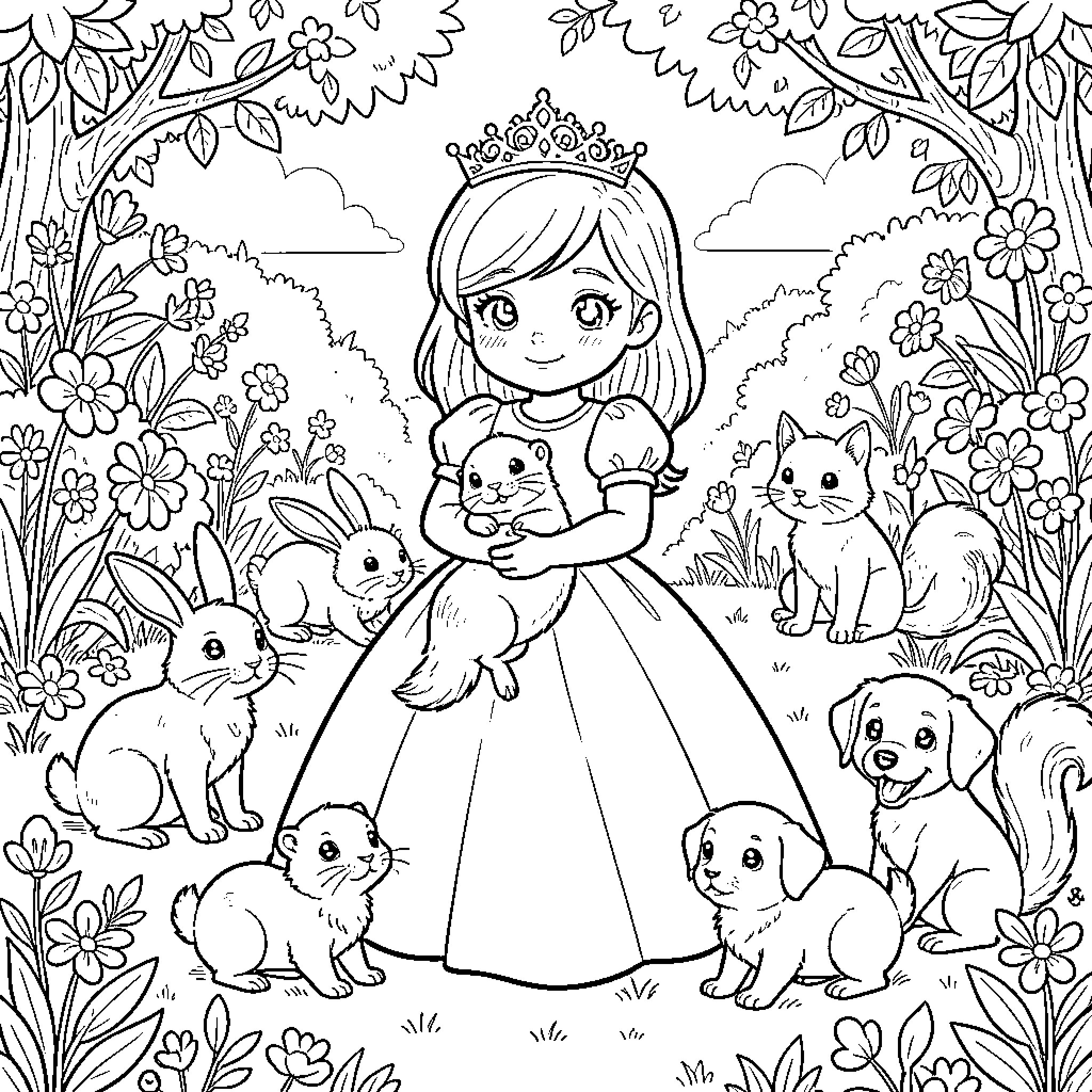 Princess hugging a small animal amidst forest creatures Coloring Page (free black-and-white line drawing printable PDF for all, from beginners to advanced learners, including children, teens, adults, and seniors)