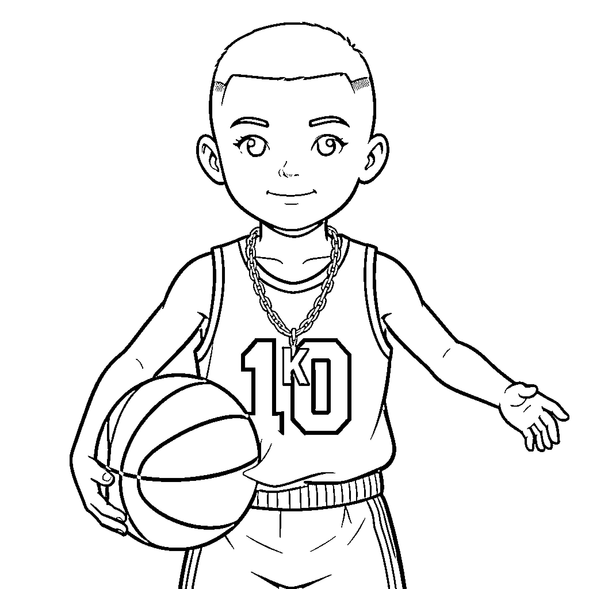 Boy playing basketball in sports uniform Coloring Page (free black-and-white line drawing printable PDF for all, from beginners to advanced learners, including children, teens, adults, and seniors)
