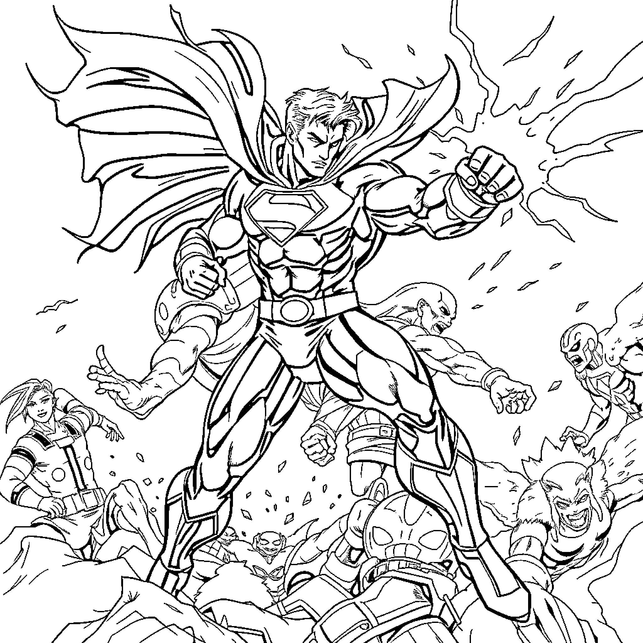 Superhero battles formidable enemies in epic confrontation Coloring Page (free black-and-white line drawing printable PDF for all, from beginners to advanced learners, including children, teens, adults, and seniors)