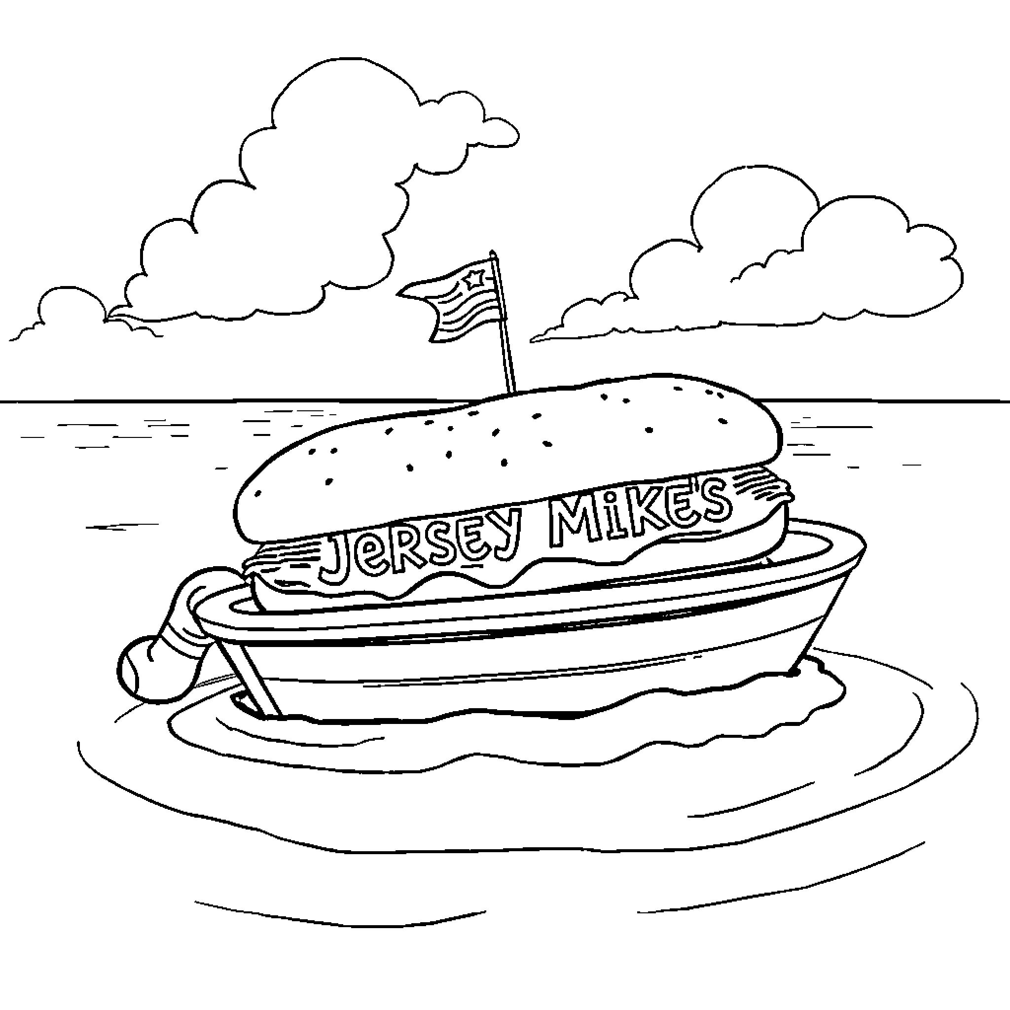 Sub Jersey Mikes Boat Sailing on Water Coloring Page (free black-and-white line drawing printable PDF for all, from beginners to advanced learners, including children, teens, adults, and seniors)