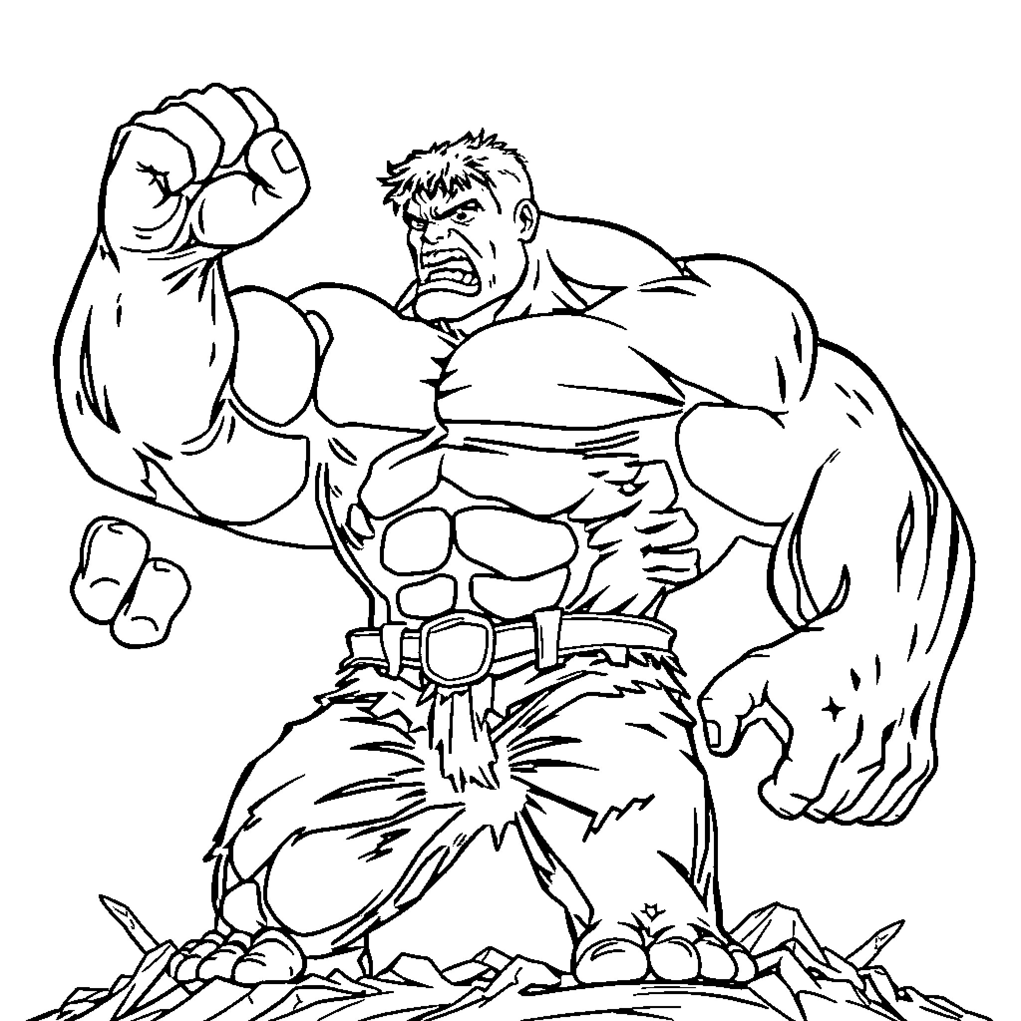 Hulk roaring with clenched fists in action pose Coloring Page (free black-and-white line drawing printable PDF for all, from beginners to advanced learners, including children, teens, adults, and seniors)