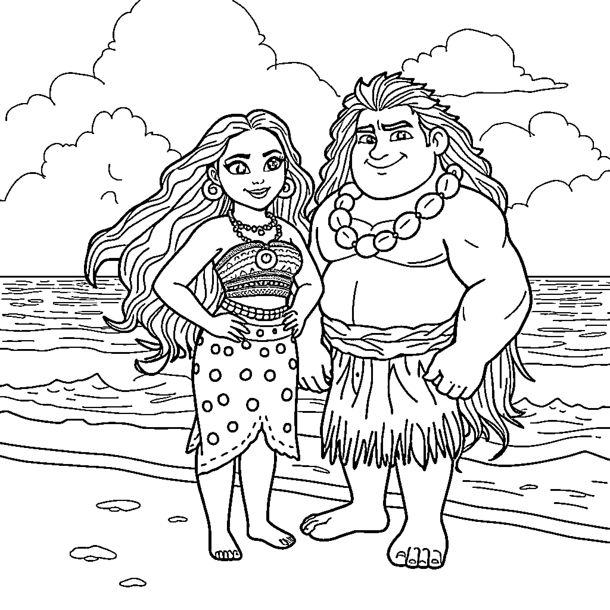 Moana and Maui enjoying beach scenery Coloring Page (free black-and-white line drawing printable PDF for all, from beginners to advanced learners, including children, teens, adults, and seniors)