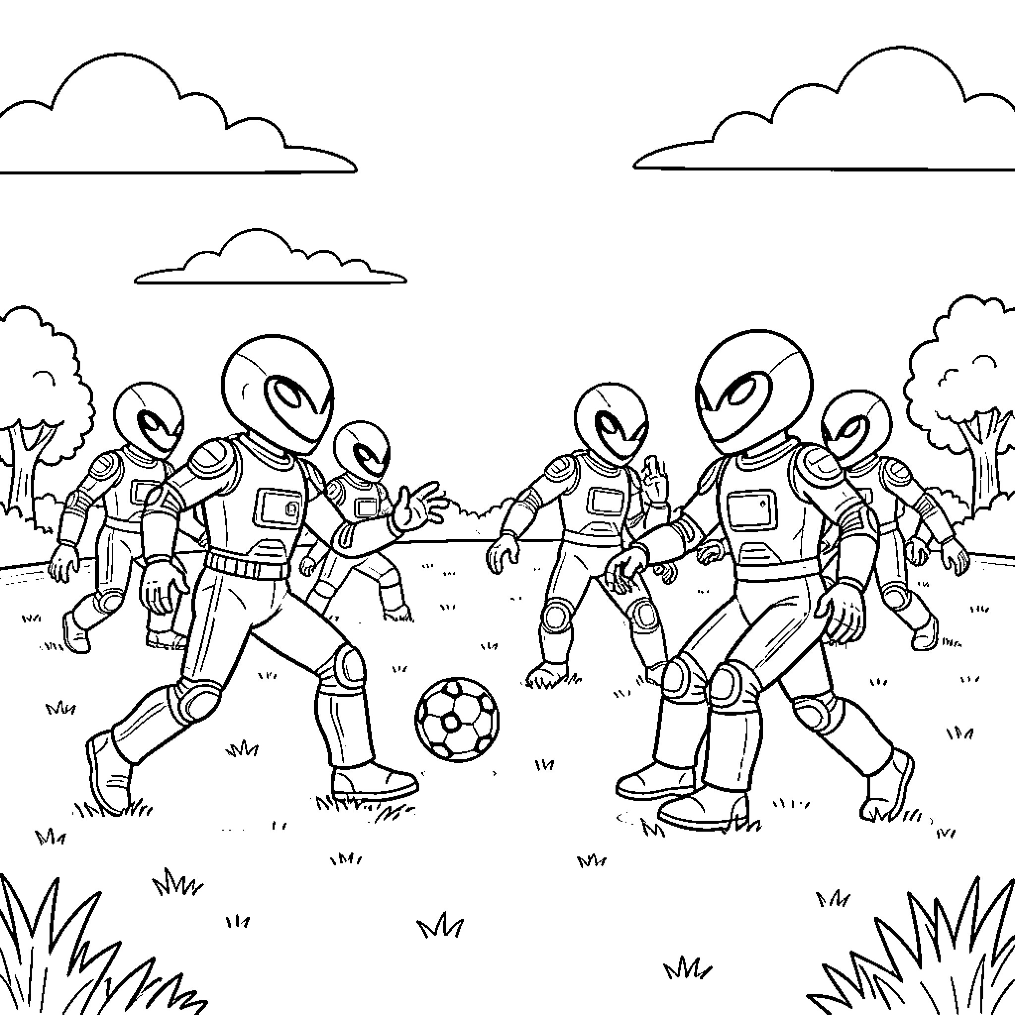 Human robots playing soccer in outdoor scene Coloring Page (free black-and-white line drawing printable PDF for all, from beginners to advanced learners, including children, teens, adults, and seniors)