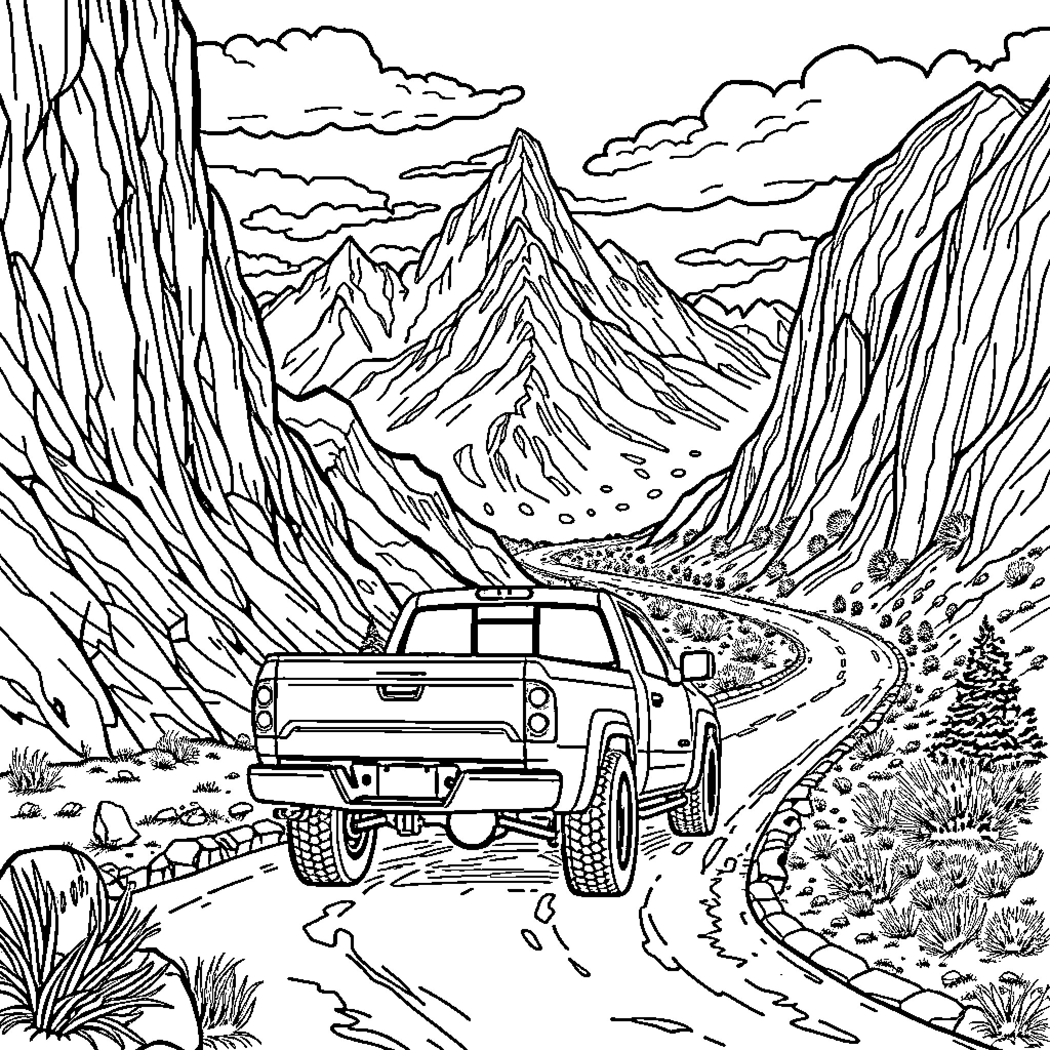 Pick Truck Navigating Rugged Mountain Trail Coloring Page (free black-and-white line drawing printable PDF for all, from beginners to advanced learners, including children, teens, adults, and seniors)
