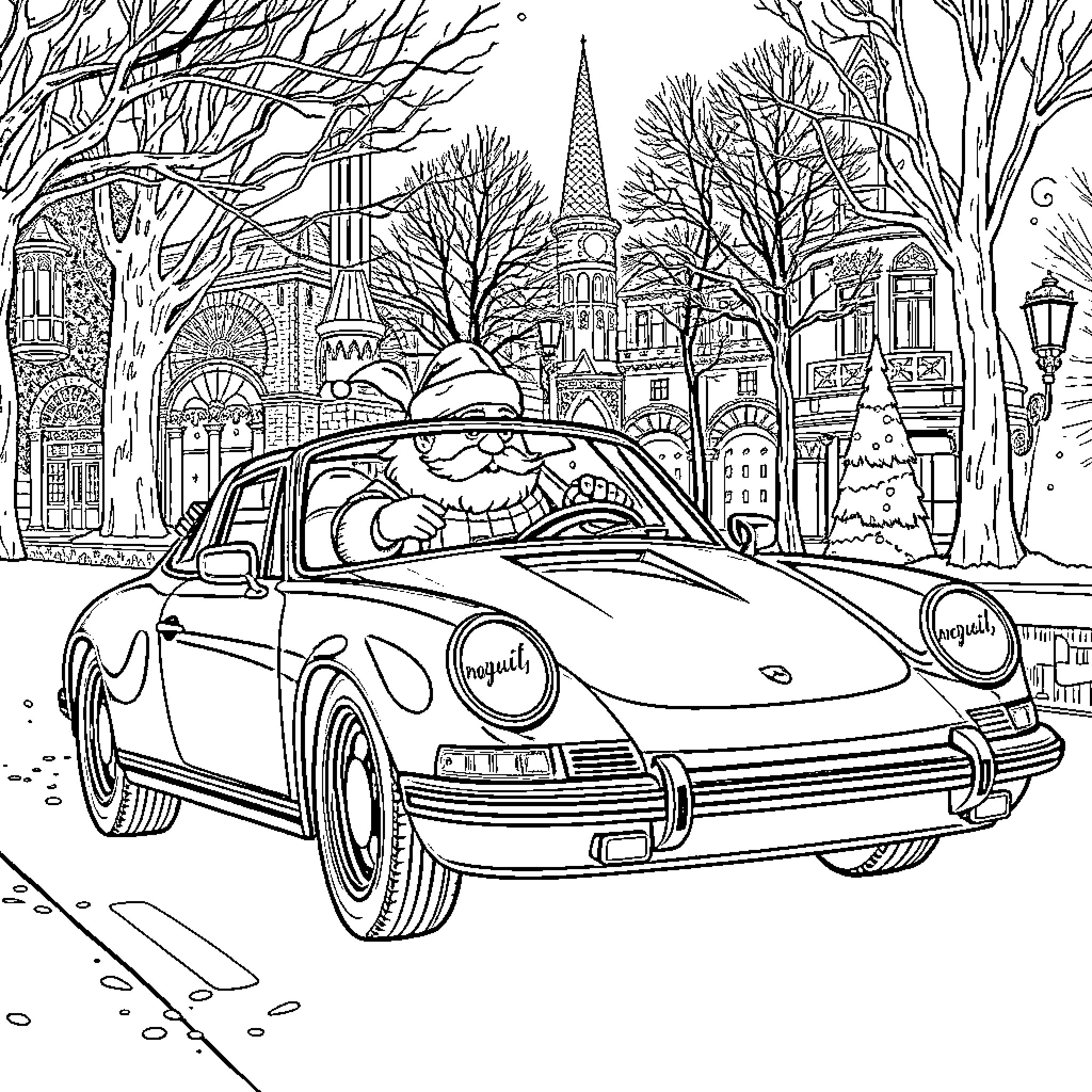 Sinterklaas driving classic sports car through winter town Coloring Page (free black-and-white line drawing printable PDF for all, from beginners to advanced learners, including children, teens, adults, and seniors)