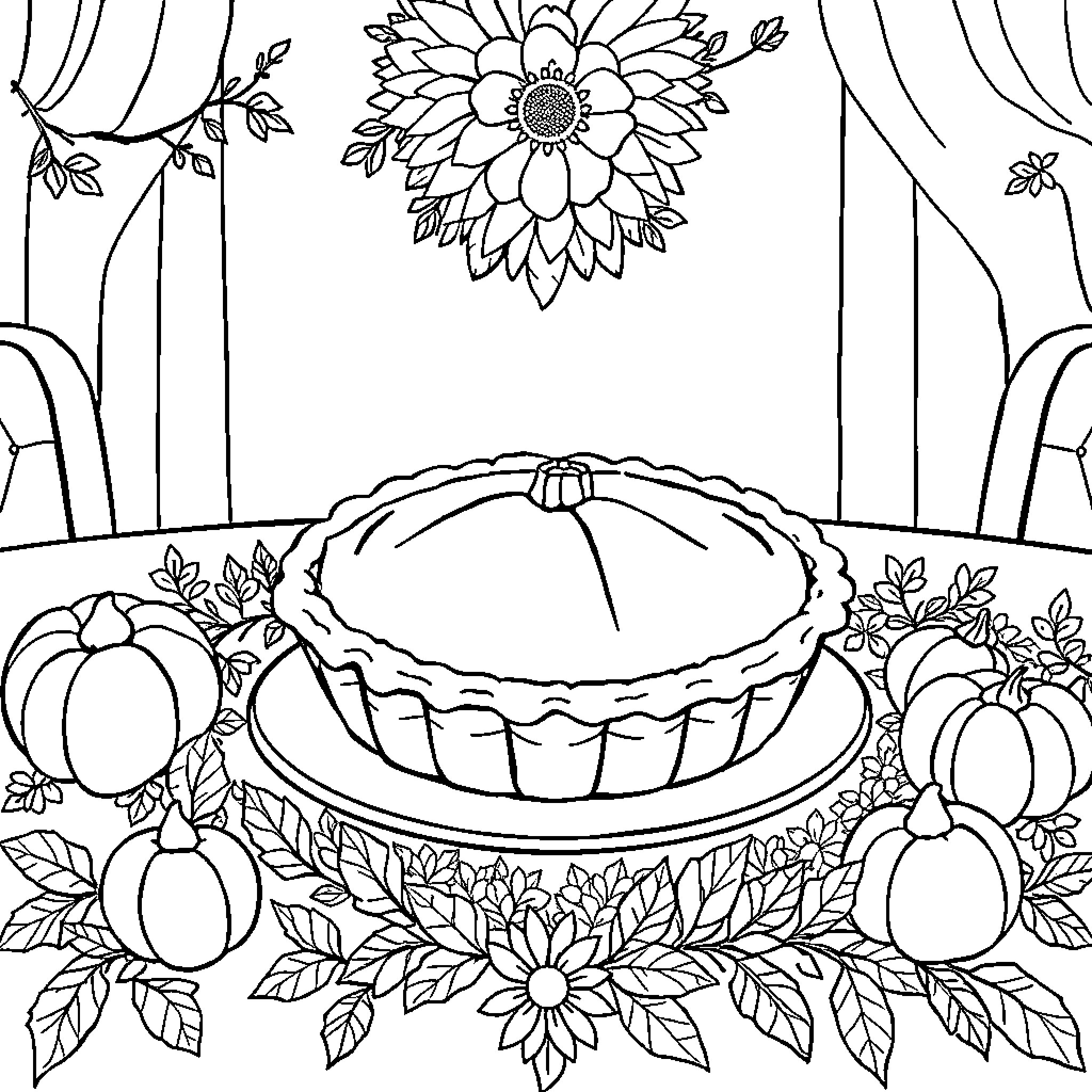 Pie with Floral Decor and Pumpkins Coloring Page (free black-and-white line drawing printable PDF for all, from beginners to advanced learners, including children, teens, adults, and seniors)