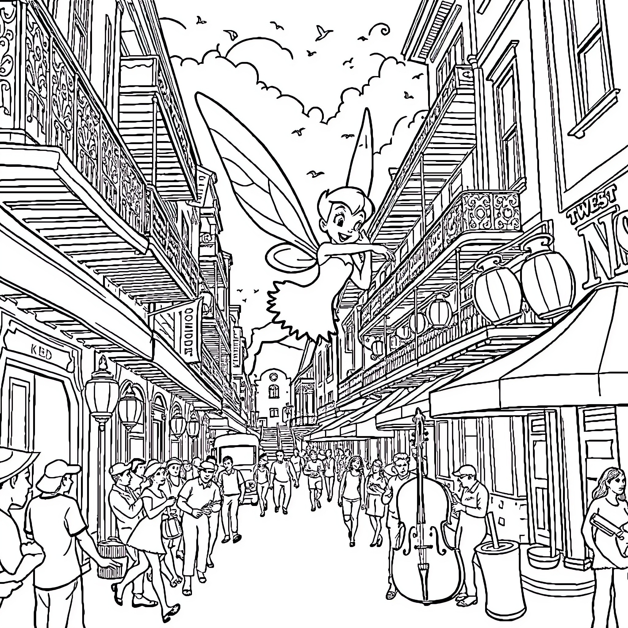 Tinkerbell's Fantastical Journey Through a Bustling City Coloring Page (free black-and-white line drawing printable PDF for all, from beginners to advanced learners, including children, teens, adults, and seniors)