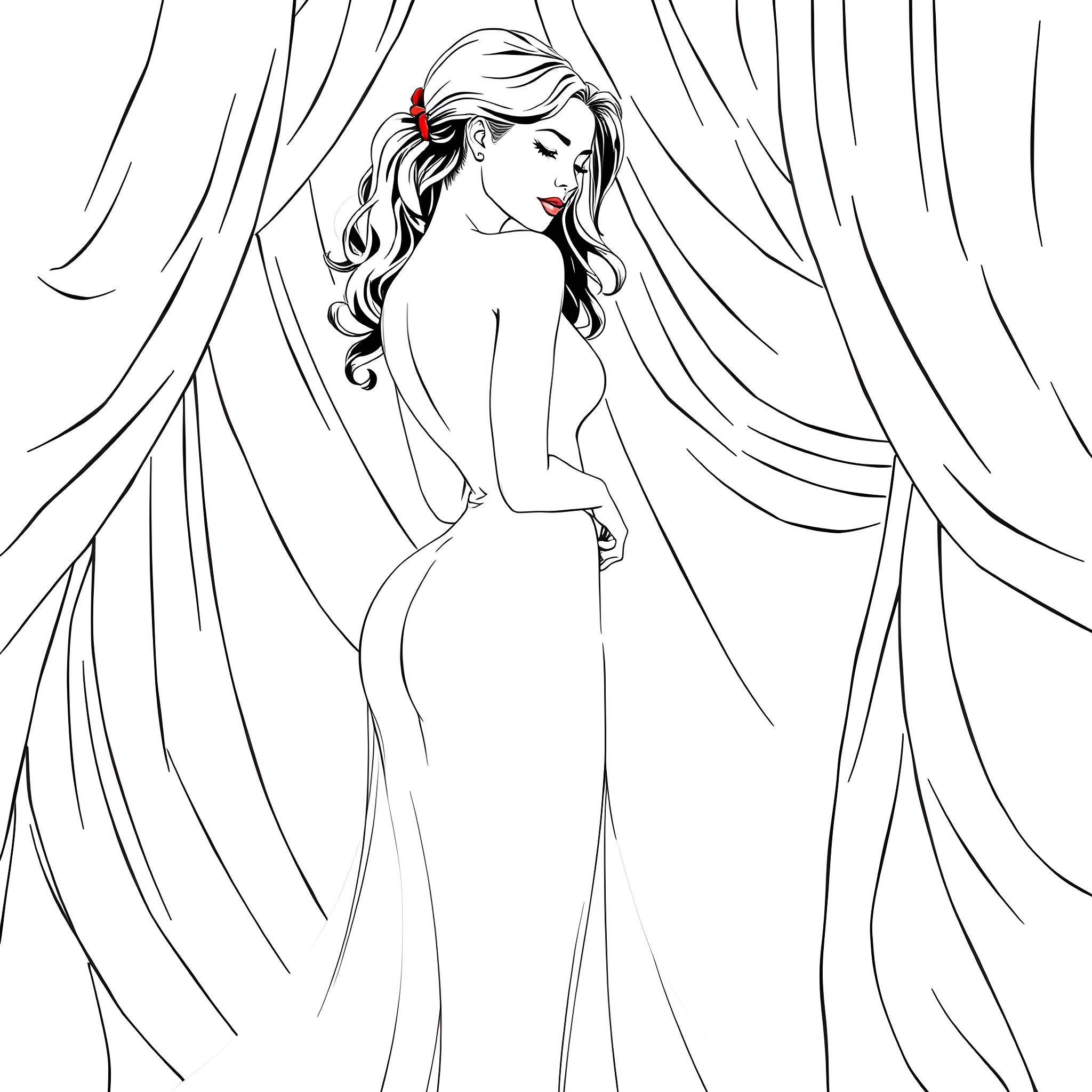 Breast Beauty in Elegant Gown Coloring Page (free black-and-white line drawing printable PDF for all, from beginners to advanced learners, including children, teens, adults, and seniors)