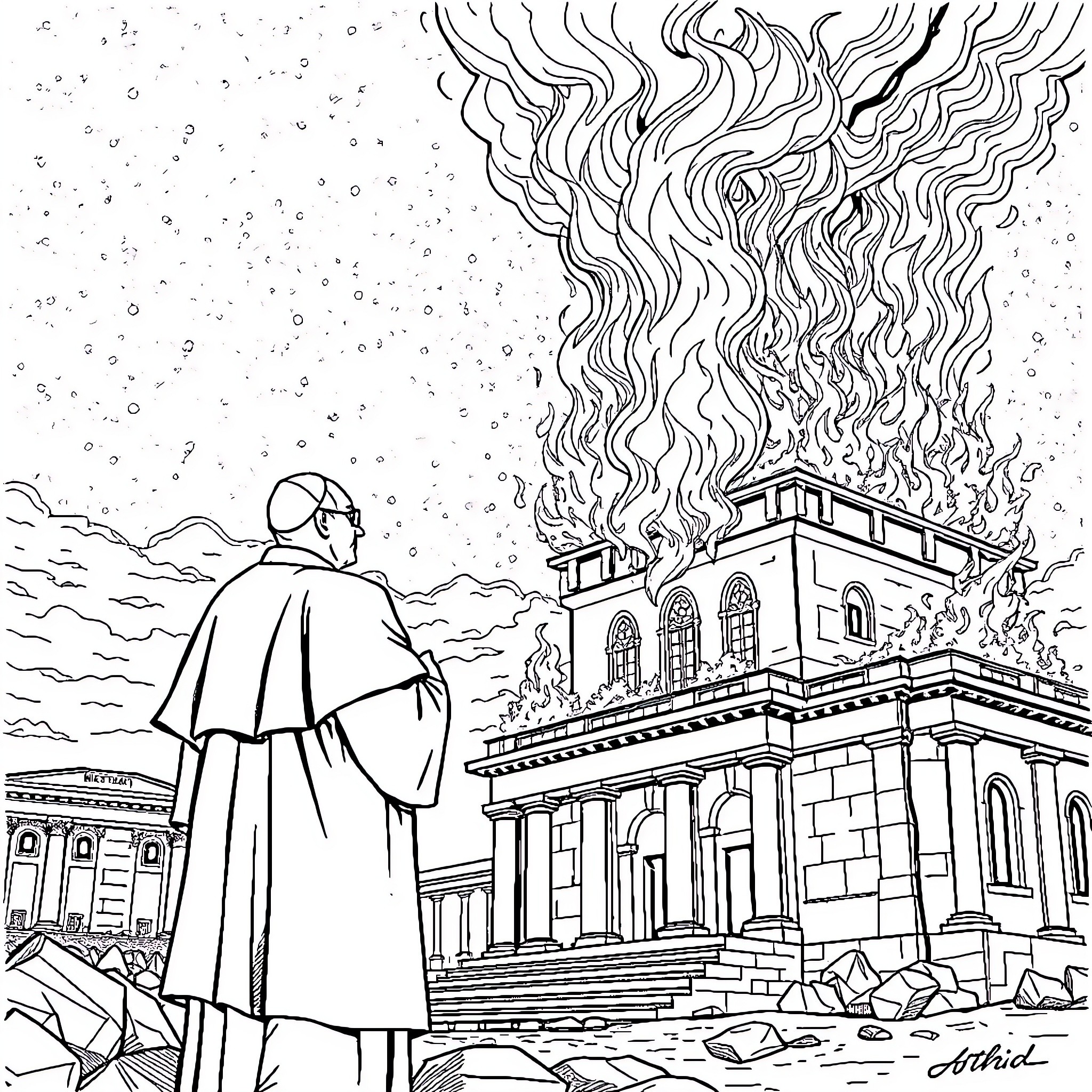 Pope witnessing the dramatic destruction of a building Coloring Page (free black-and-white line drawing printable PDF for all, from beginners to advanced learners, including children, teens, adults, and seniors)