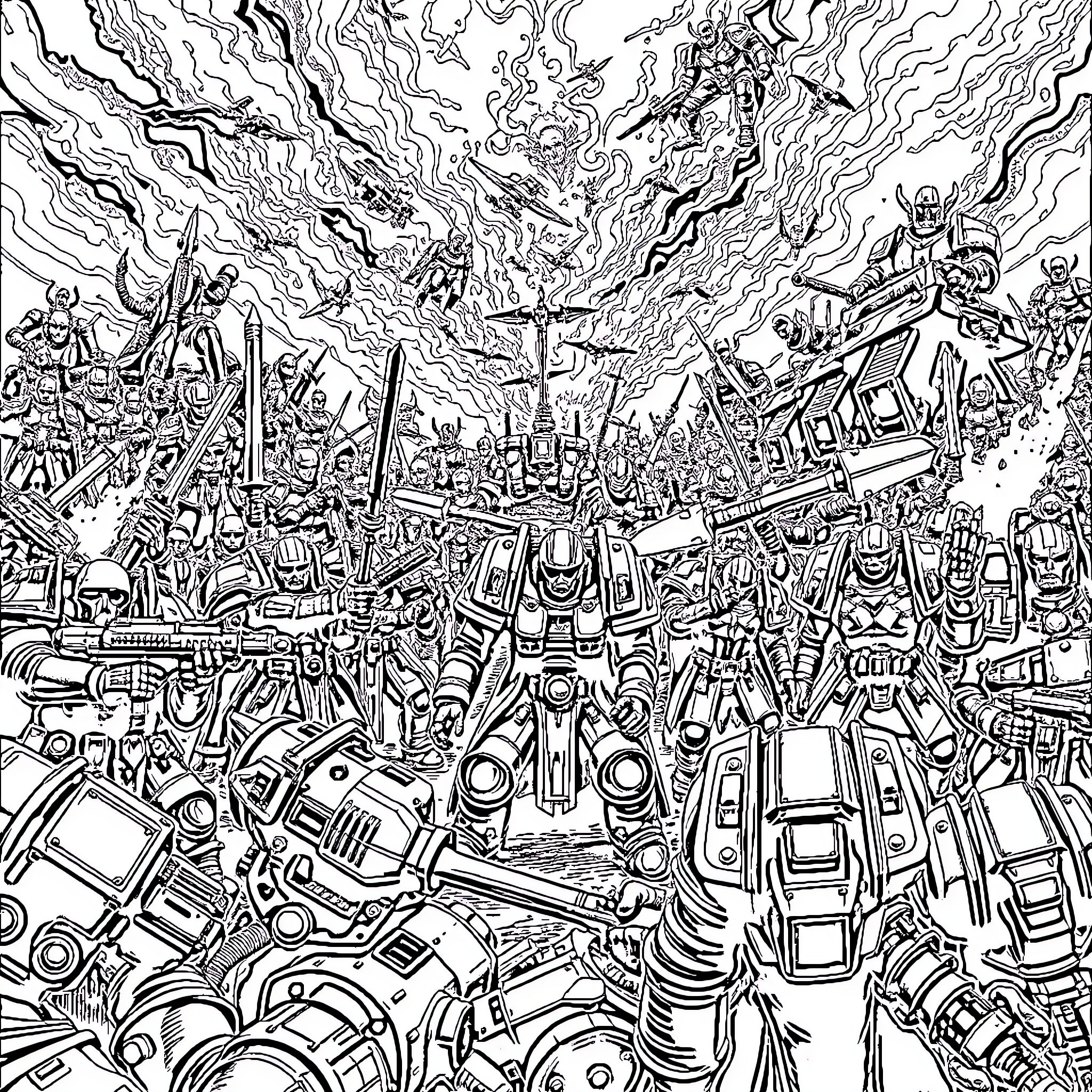 Warhammer 40k: Epic Battle of Futuristic Soldiers and Machines Coloring Page (free black-and-white line drawing printable PDF for all, from beginners to advanced learners, including children, teens, adults, and seniors)