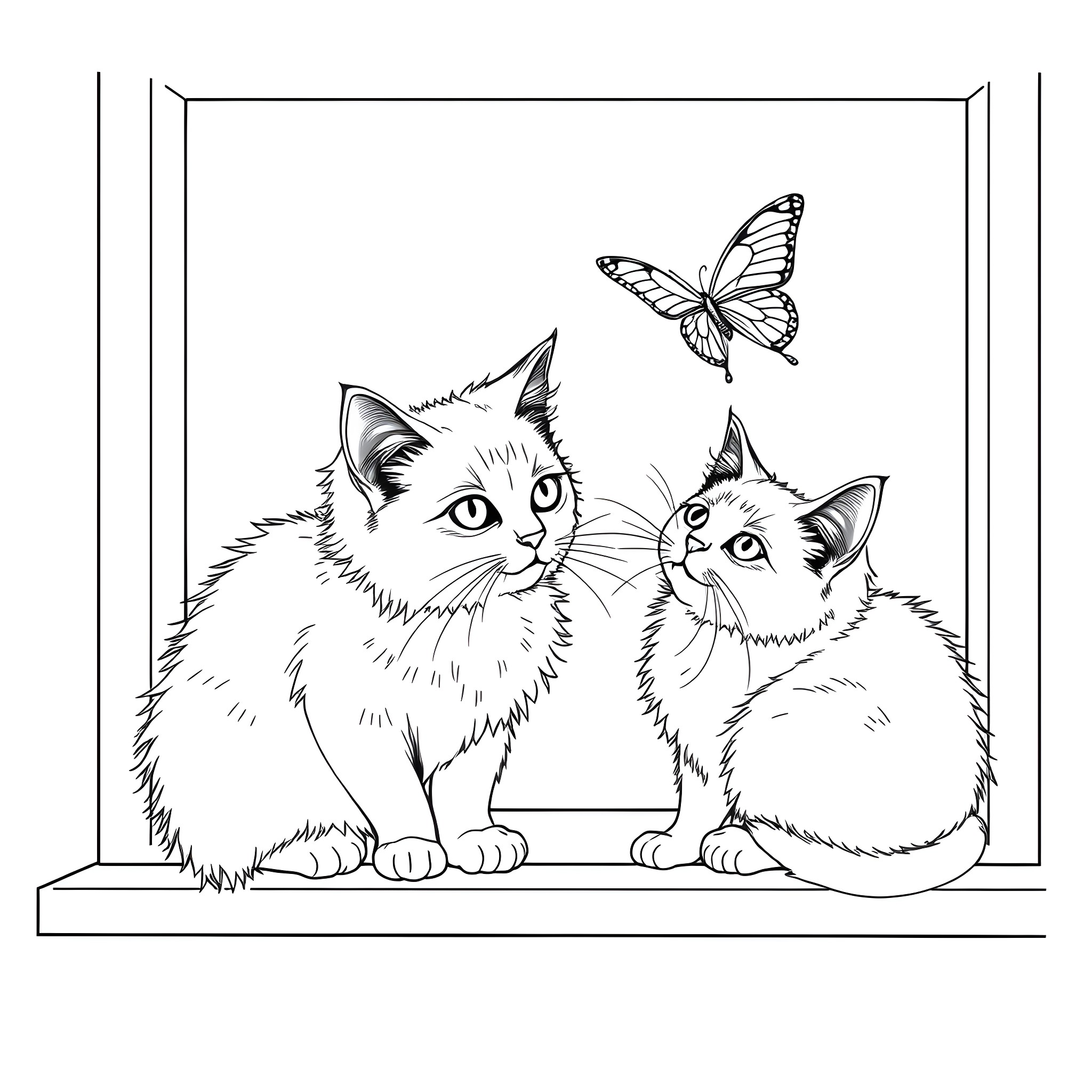 Birman Cats observing a butterfly Coloring Page (free black-and-white line drawing printable PDF for all, from beginners to advanced learners, including children, teens, adults, and seniors)