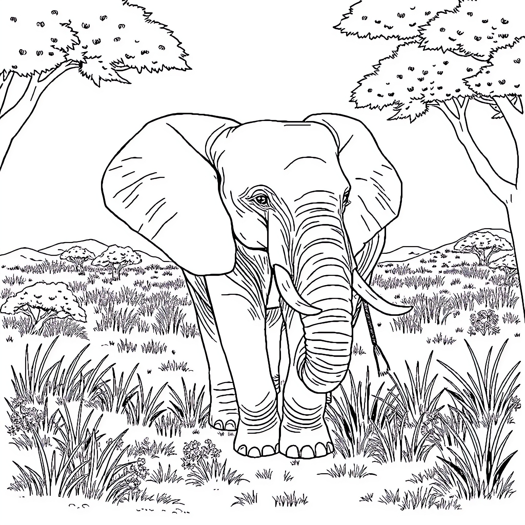 Elephant standing in the savanna Coloring Page (free black-and-white line drawing printable PDF for all, from beginners to advanced learners, including children, teens, adults, and seniors)