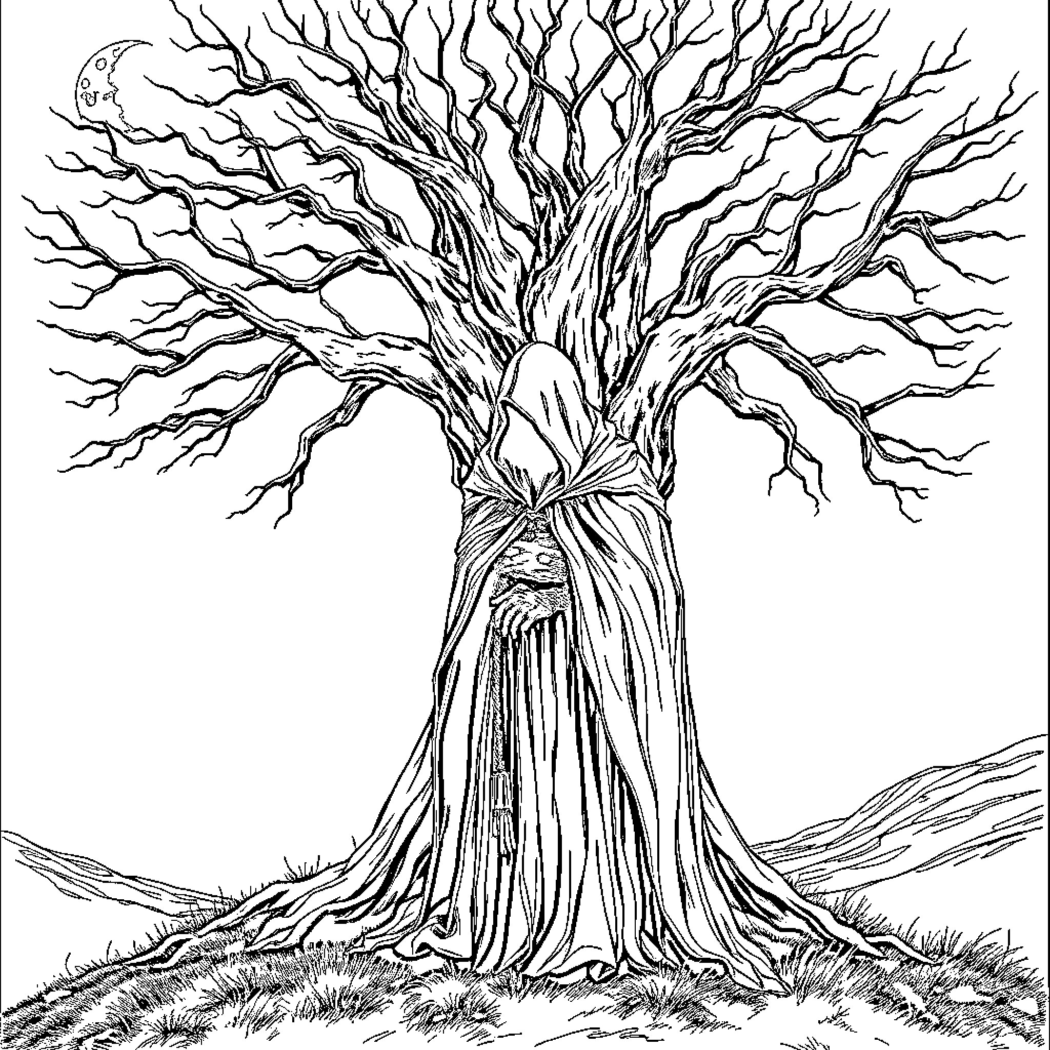 Laufey, the Twisted and Gnarled Tree Guardian Coloring Page (free black-and-white line drawing printable PDF for all, from beginners to advanced learners, including children, teens, adults, and seniors)