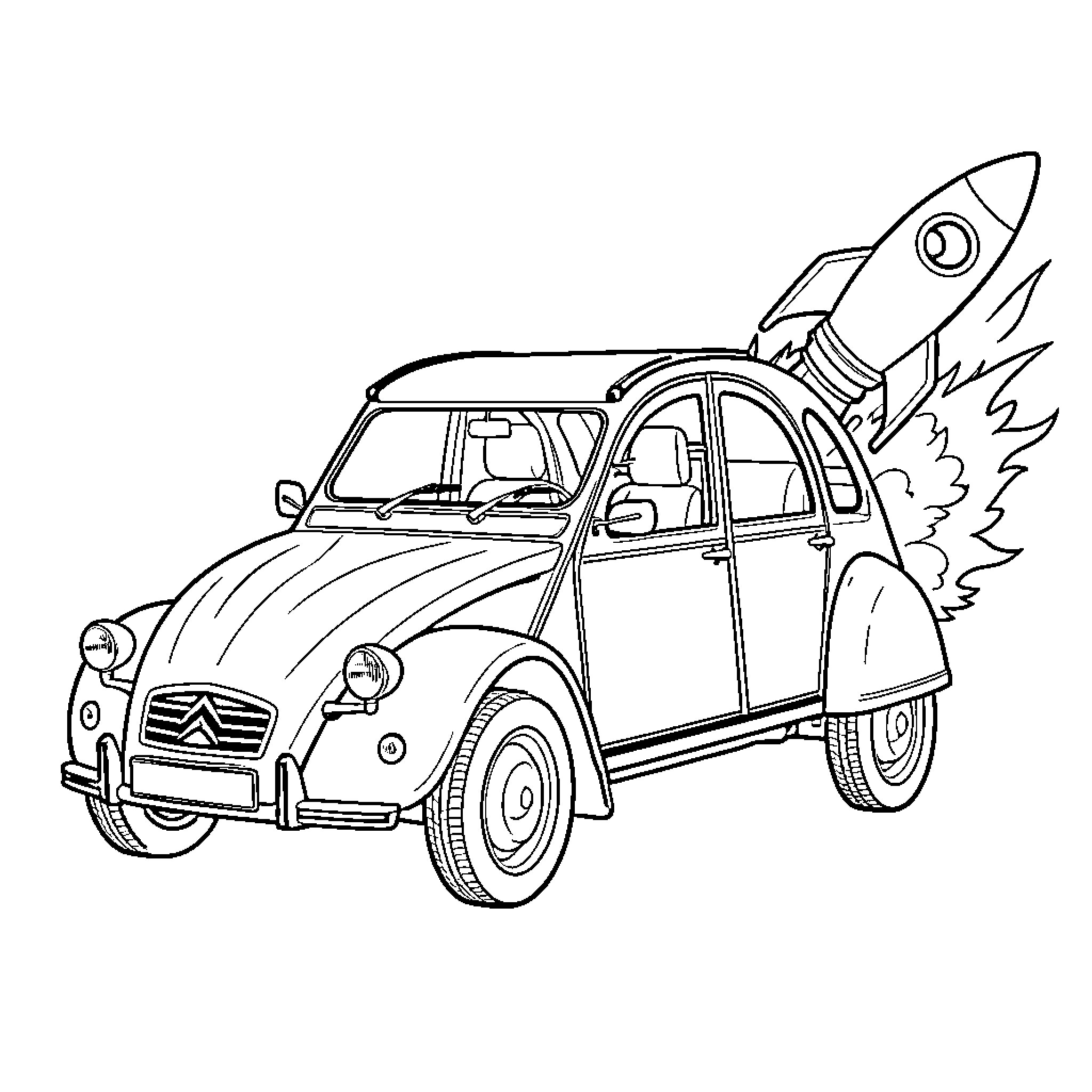 Citroen car launching into space with a rocket Coloring Page (free black-and-white line drawing printable PDF for all, from beginners to advanced learners, including children, teens, adults, and seniors)