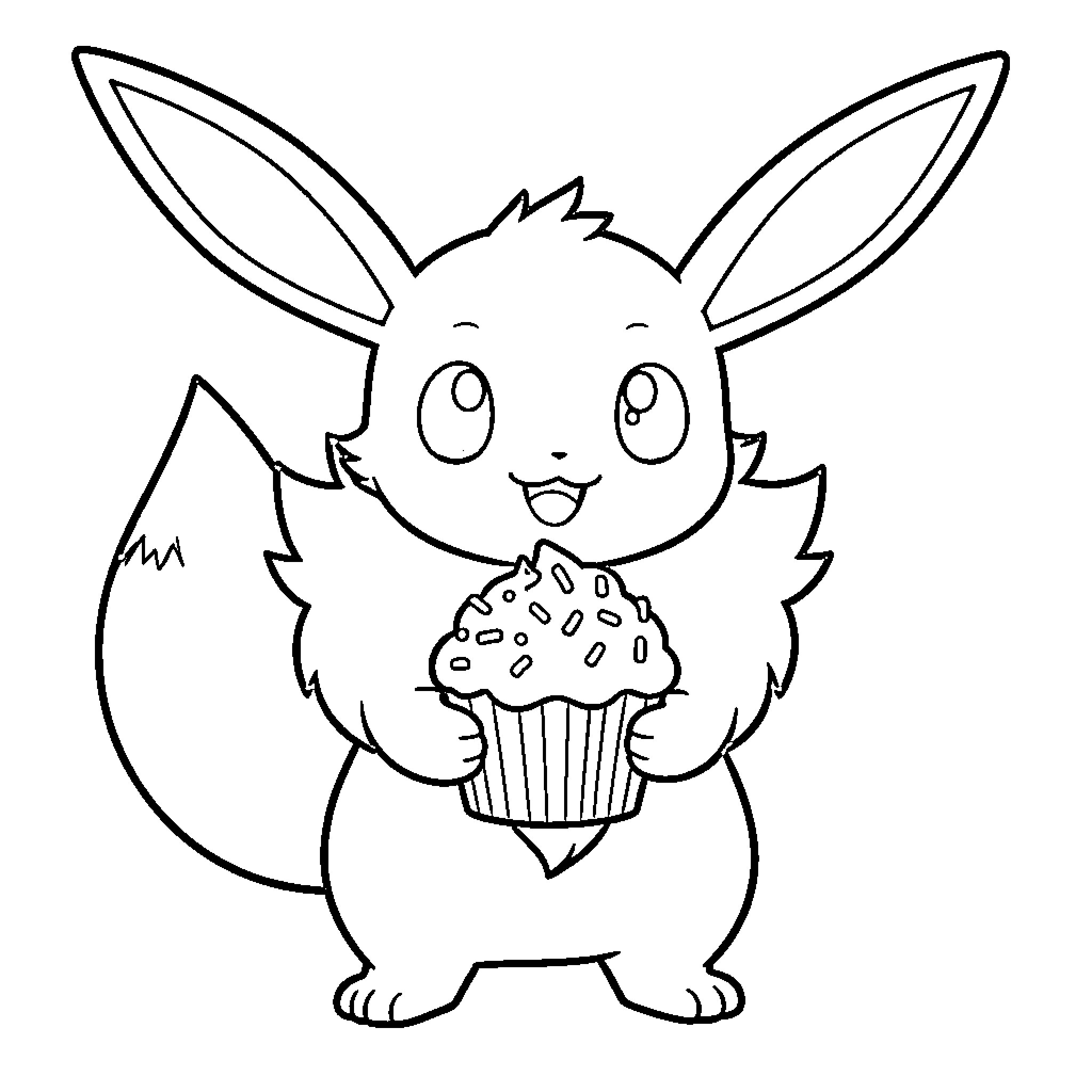 EVE Joyful Rabbit Holds Cupcake Coloring Page (free black-and-white line drawing printable PDF for all, from beginners to advanced learners, including children, teens, adults, and seniors)