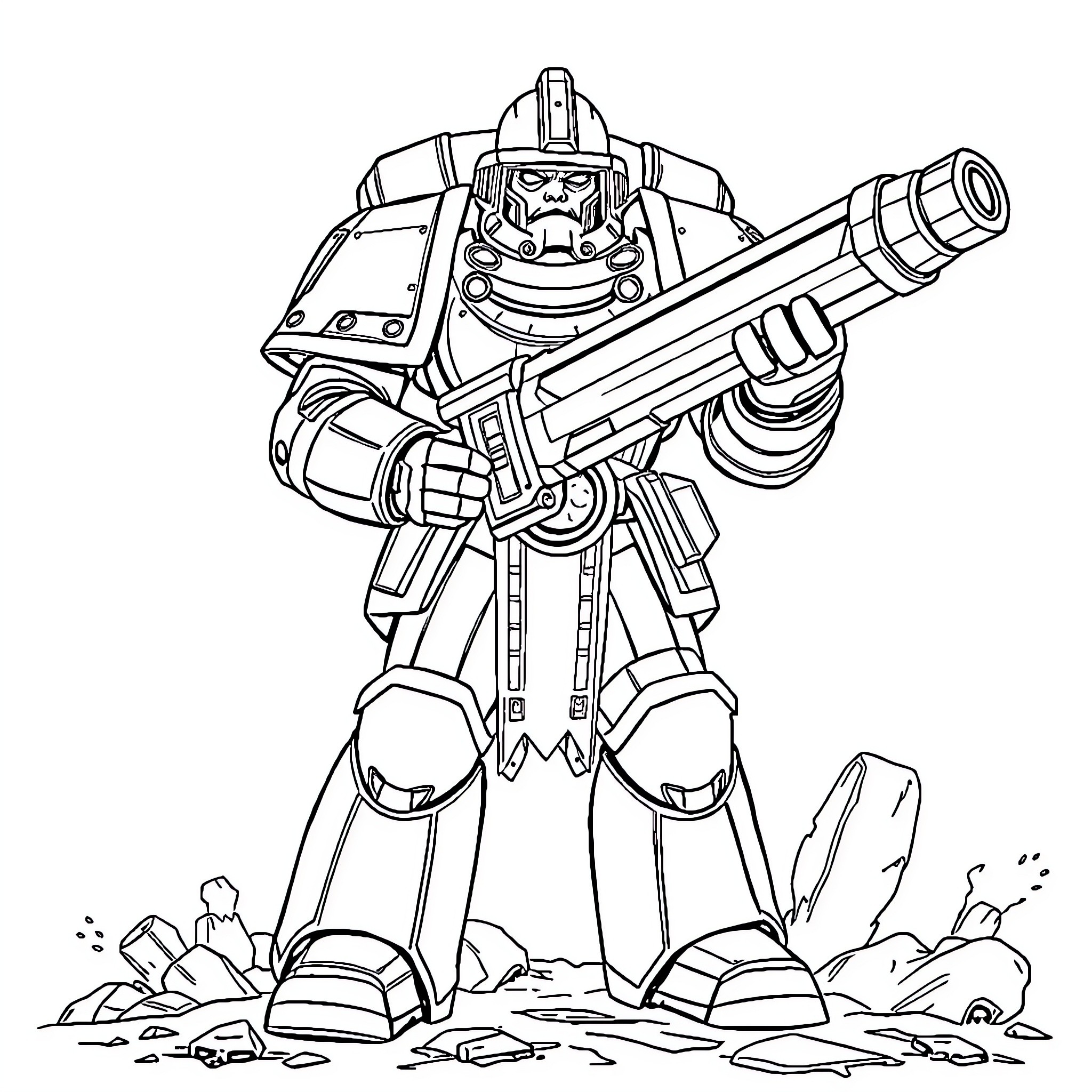 Space Marine in Battle-Ready Pose with Heavy Weapon Coloring Page (free black-and-white line drawing printable PDF for all, from beginners to advanced learners, including children, teens, adults, and seniors)