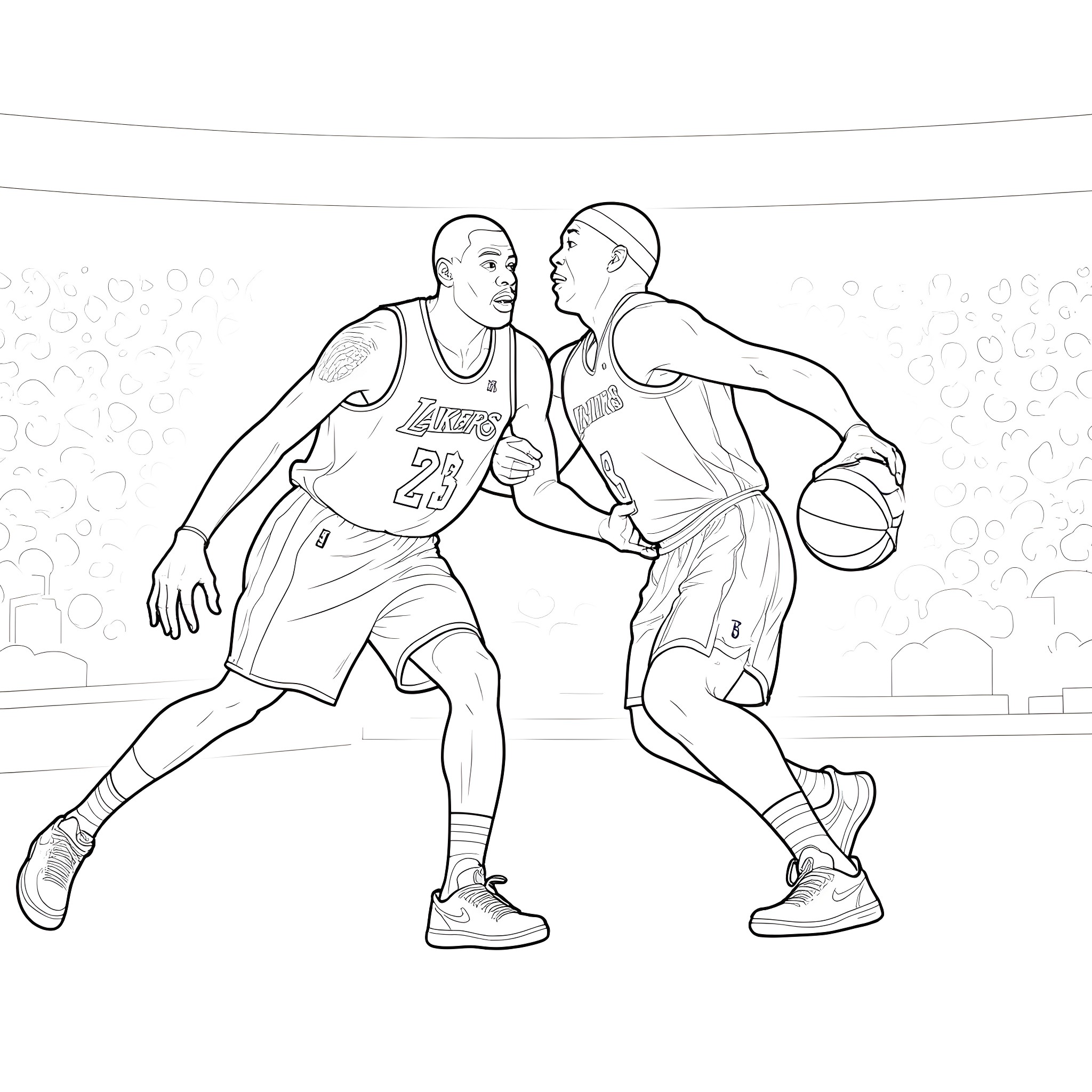 LeBron James and another basketball player in action Coloring Page (free black-and-white line drawing printable PDF for all, from beginners to advanced learners, including children, teens, adults, and seniors)