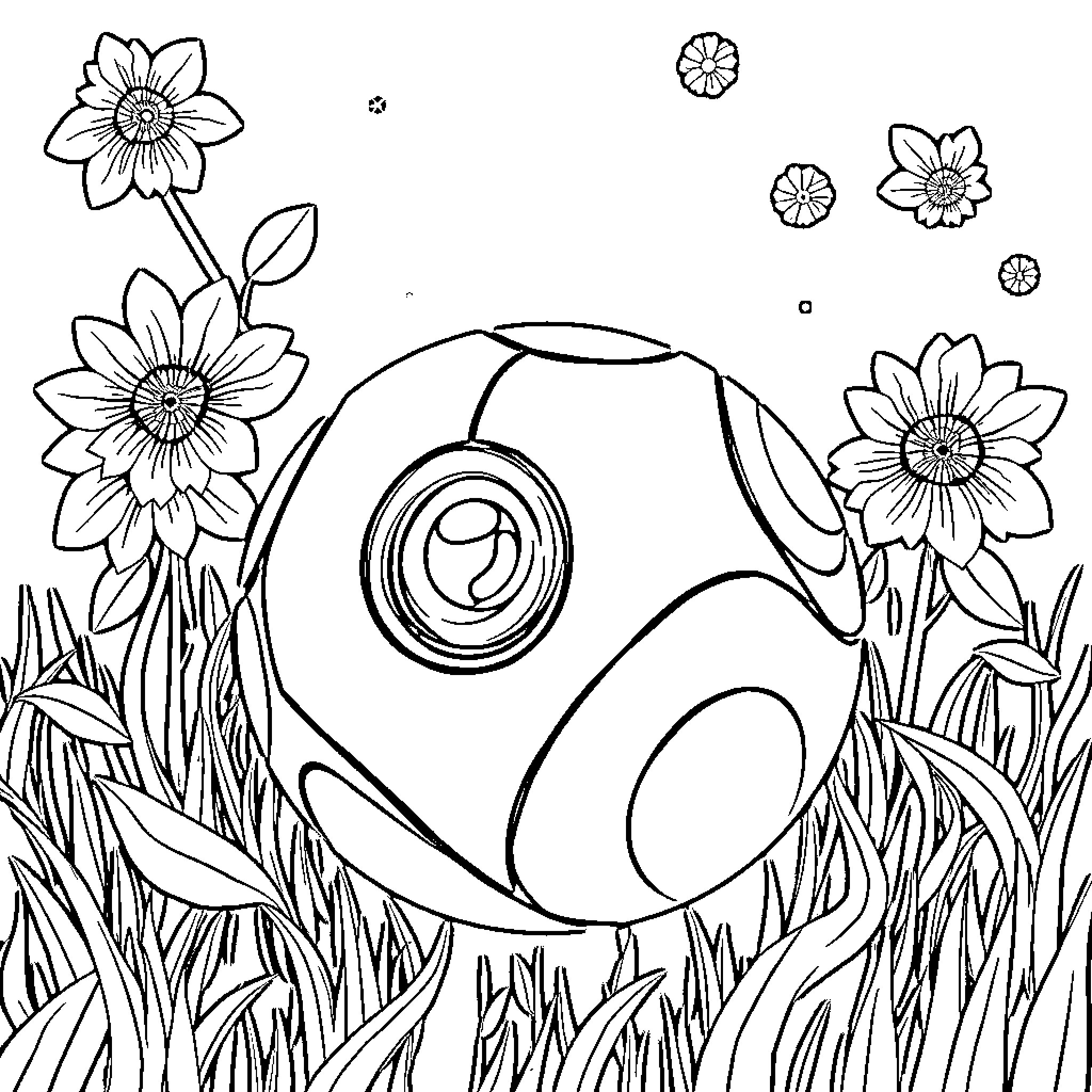 Frog amidst colorful flowers in a field Coloring Page (free black-and-white line drawing printable PDF for all, from beginners to advanced learners, including children, teens, adults, and seniors)