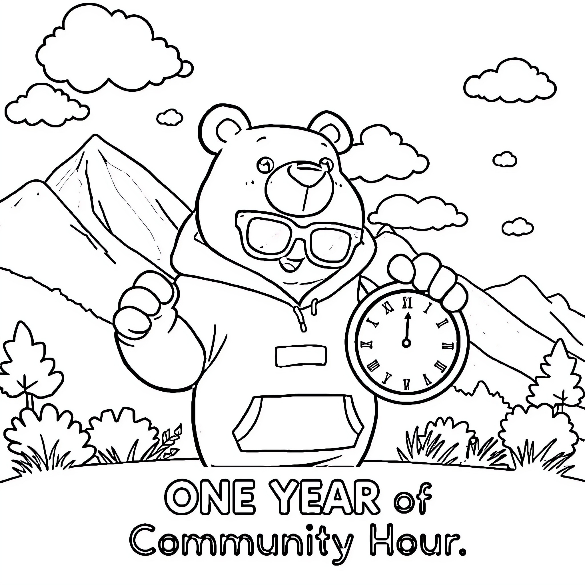 Bear enjoying community hour in nature Coloring Page (free black-and-white line drawing printable PDF for all, from beginners to advanced learners, including children, teens, adults, and seniors)