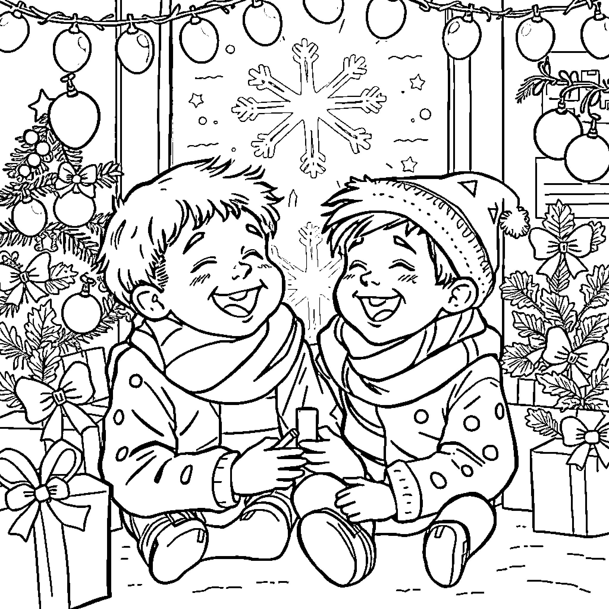 Boy playing with friend in winter wonderland Coloring Page (free black-and-white line drawing printable PDF for all, from beginners to advanced learners, including children, teens, adults, and seniors)