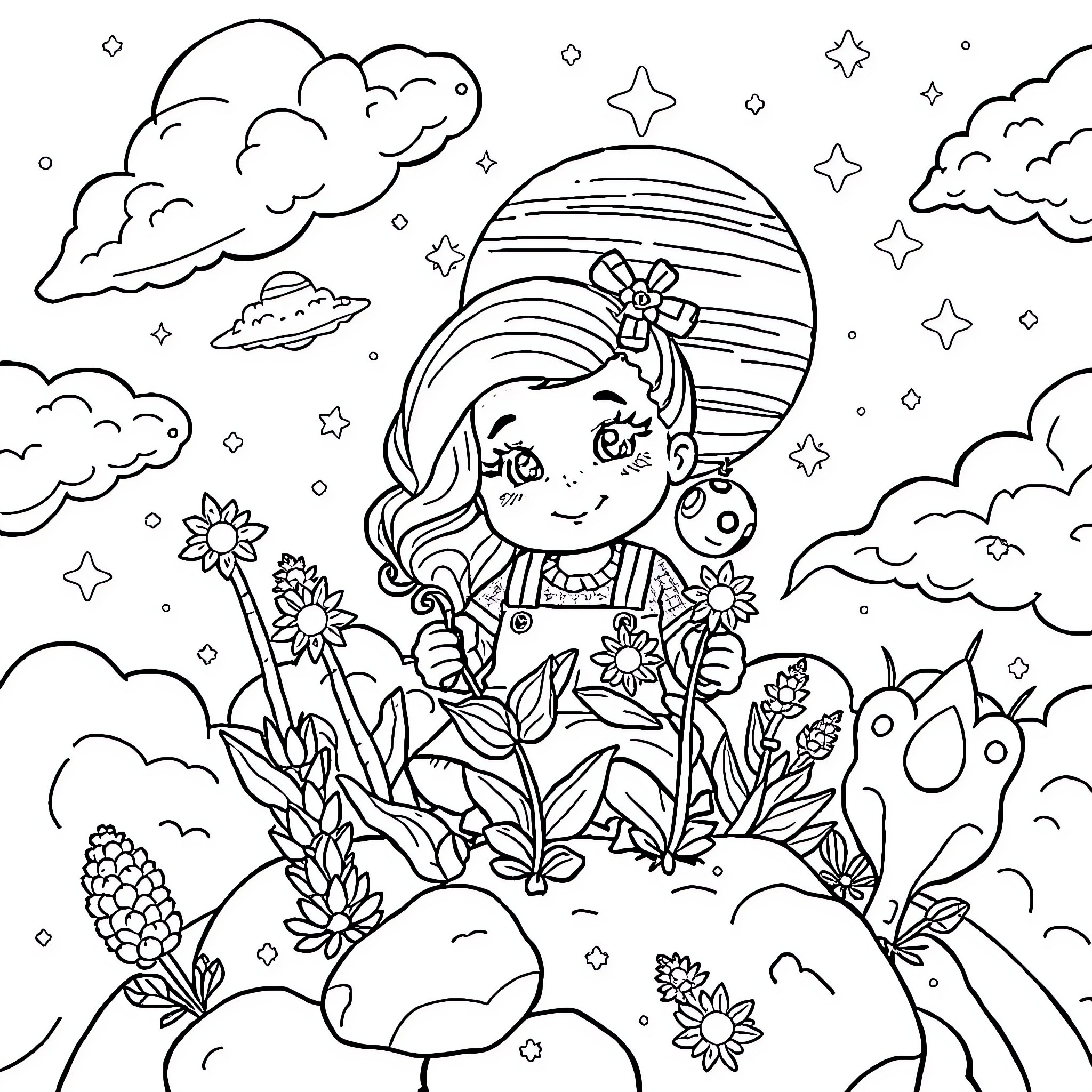 Jojo Siwa in a Whimsical Outdoor Scene Coloring Page (free black-and-white line drawing printable PDF for all, from beginners to advanced learners, including children, teens, adults, and seniors)