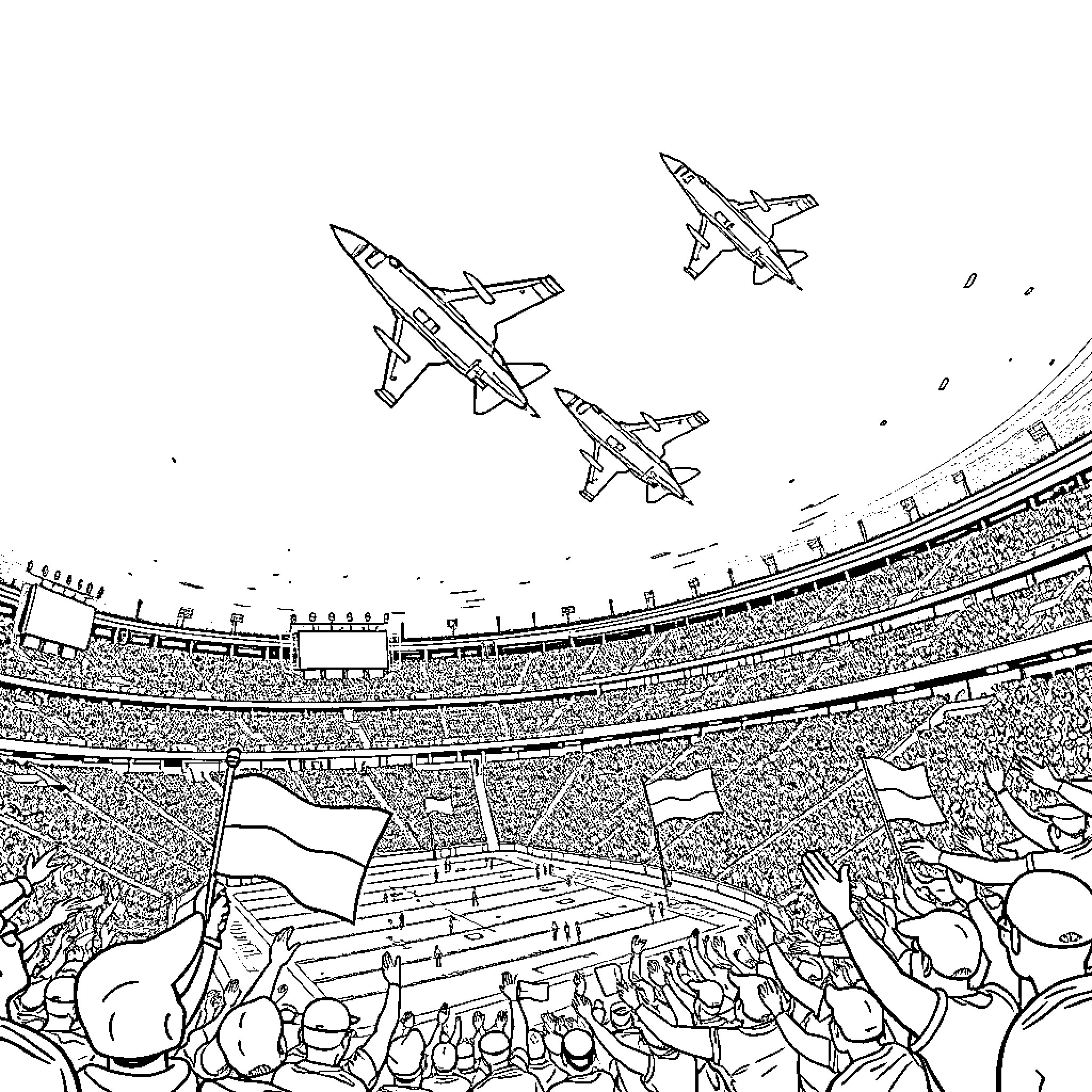 Fighter Jets Soaring Over Cheering Crowd in Stadium Coloring Page (free black-and-white line drawing printable PDF for all, from beginners to advanced learners, including children, teens, adults, and seniors)