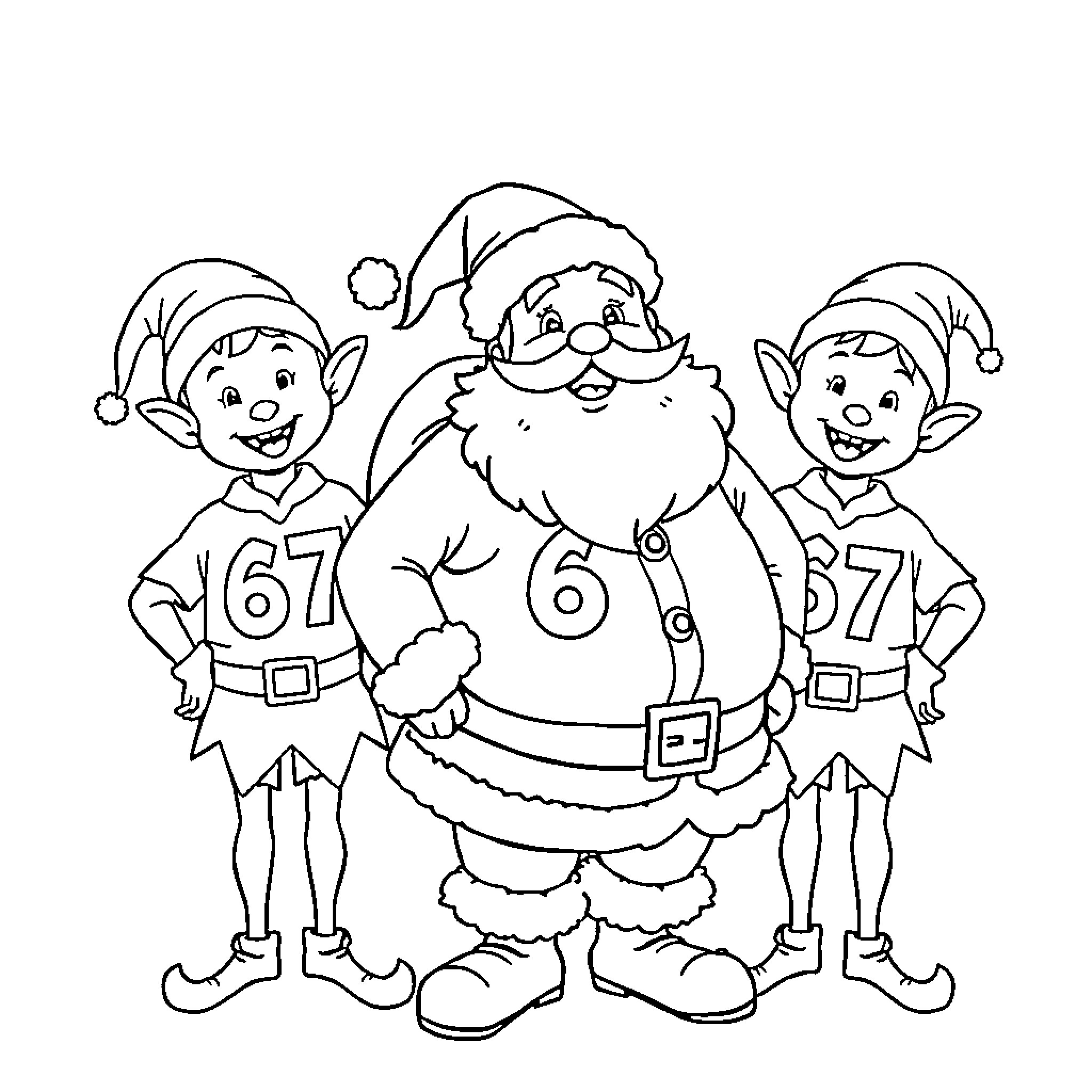 Santa and his jolly elf helpers Coloring Page (free black-and-white line drawing printable PDF for all, from beginners to advanced learners, including children, teens, adults, and seniors)