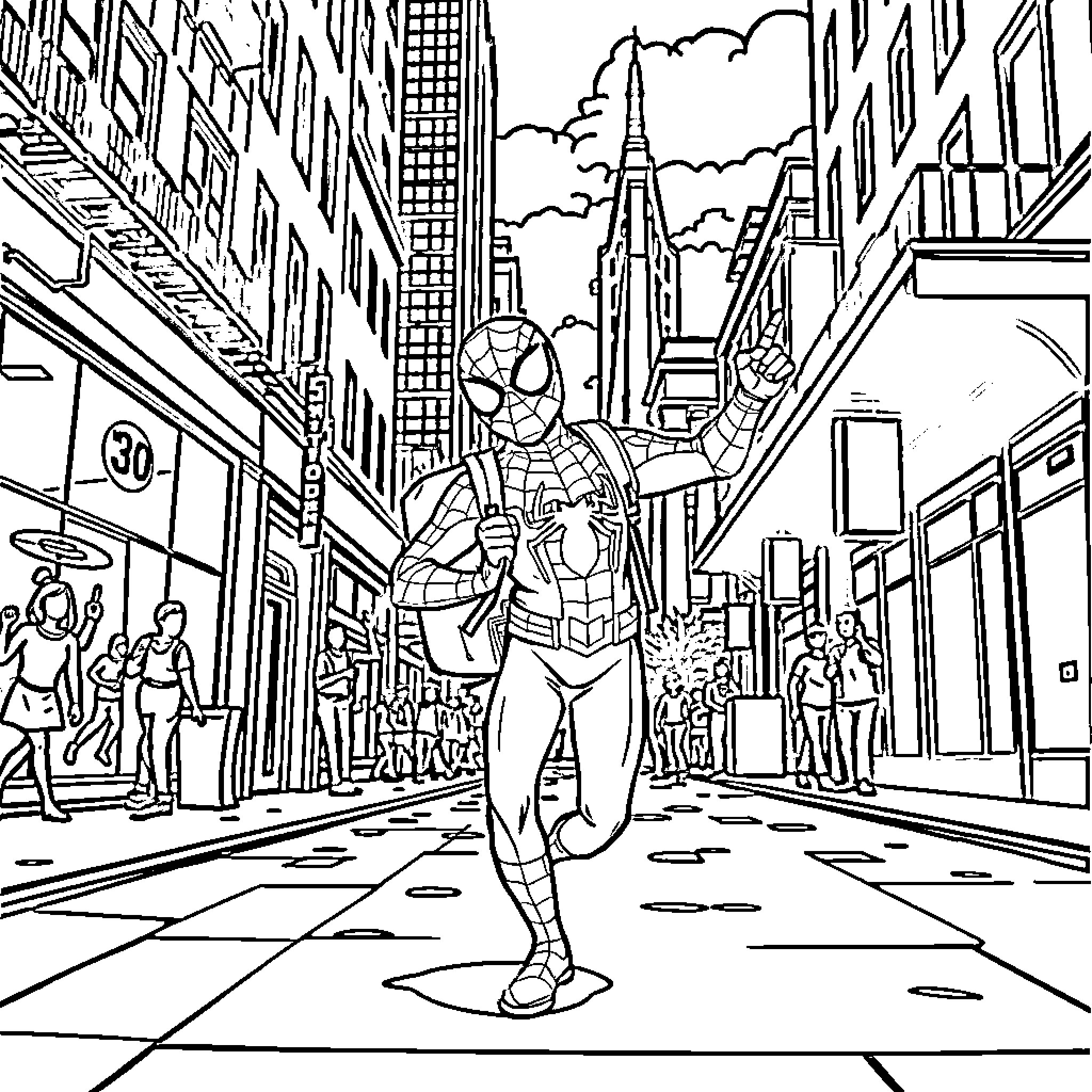 Spider-Man swinging through the city streets Coloring Page (free black-and-white line drawing printable PDF for all, from beginners to advanced learners, including children, teens, adults, and seniors)