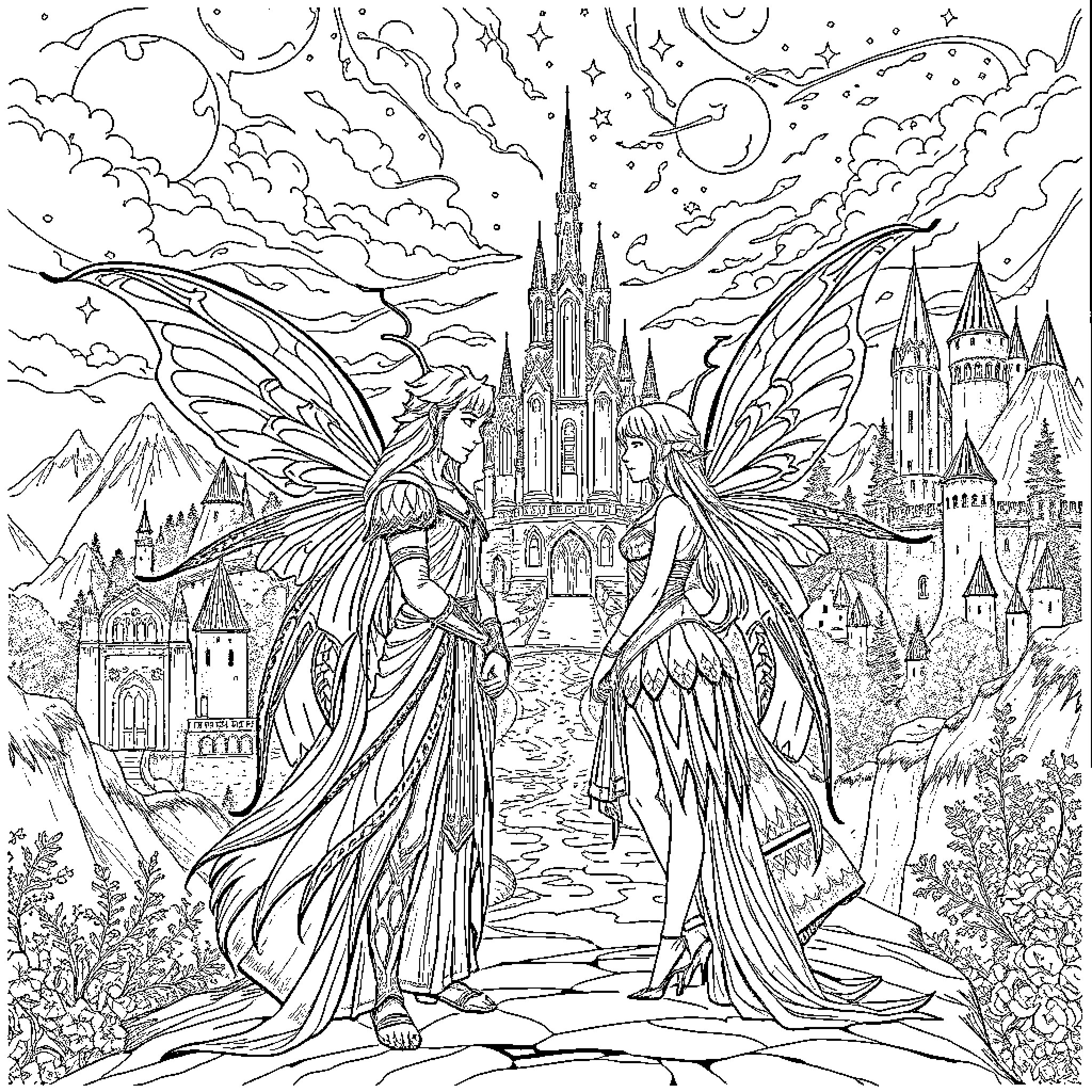 Faerie Princesses in Enchanted Realm Coloring Page (free black-and-white line drawing printable PDF for all, from beginners to advanced learners, including children, teens, adults, and seniors)