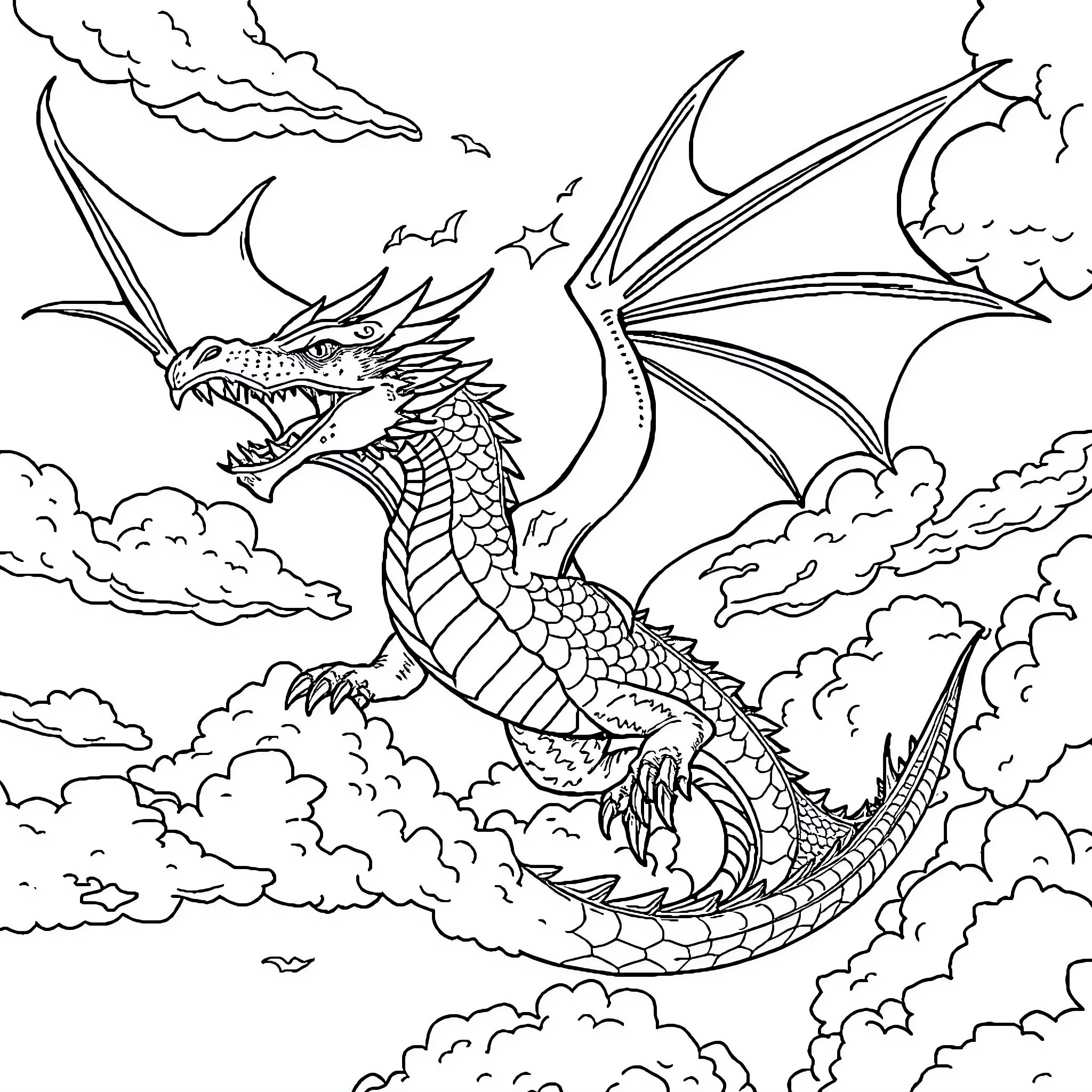 Dragon soaring through a stormy sky Coloring Page (free black-and-white line drawing printable PDF for all, from beginners to advanced learners, including children, teens, adults, and seniors)