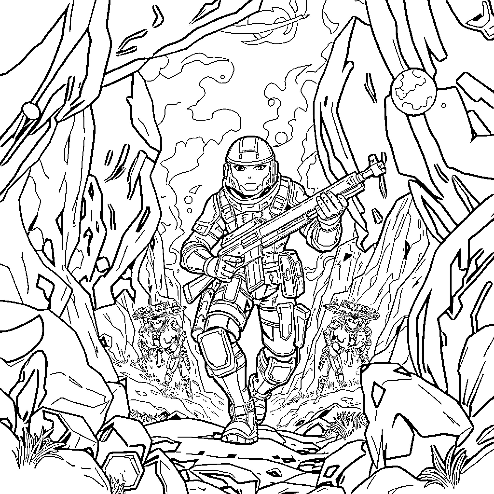 Huntrix - Warrior exploring the rugged terrain Coloring Page (free black-and-white line drawing printable PDF for all, from beginners to advanced learners, including children, teens, adults, and seniors)
