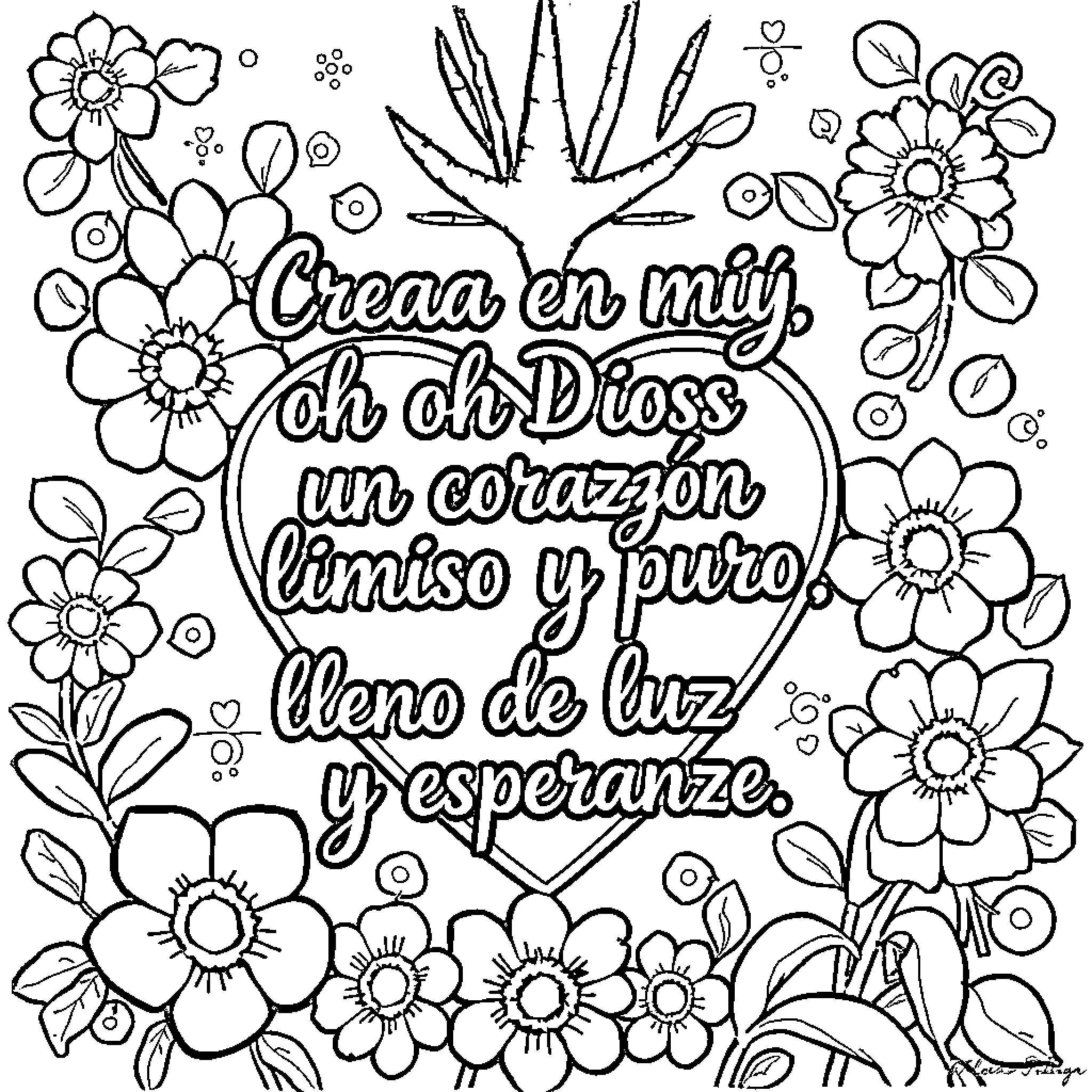 Corazon - Flowers, Faith, and Positivity Coloring Page (free black-and-white line drawing printable PDF for all, from beginners to advanced learners, including children, teens, adults, and seniors)