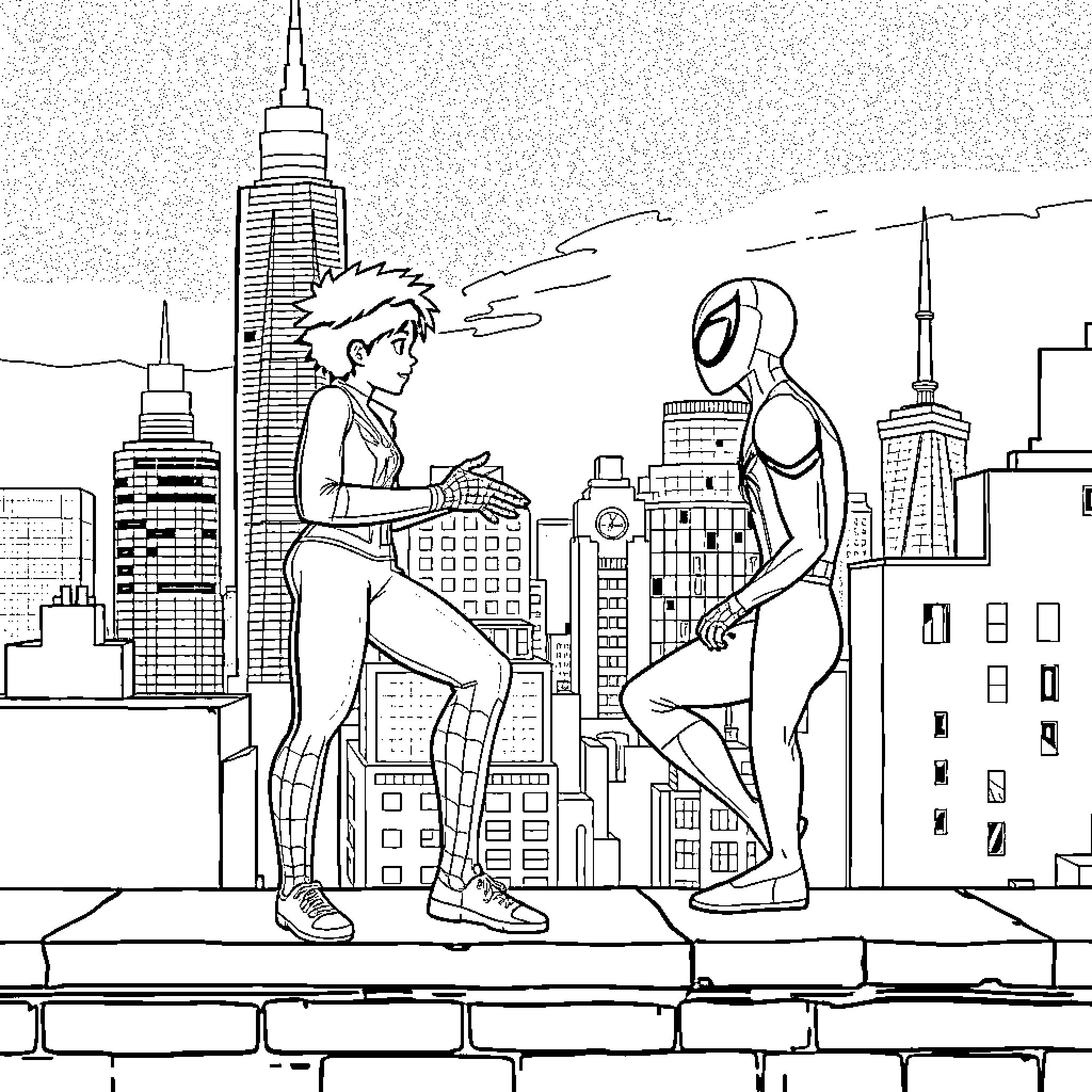 Miles Morales interacting with a Superhero in the city Coloring Page (free black-and-white line drawing printable PDF for all, from beginners to advanced learners, including children, teens, adults, and seniors)