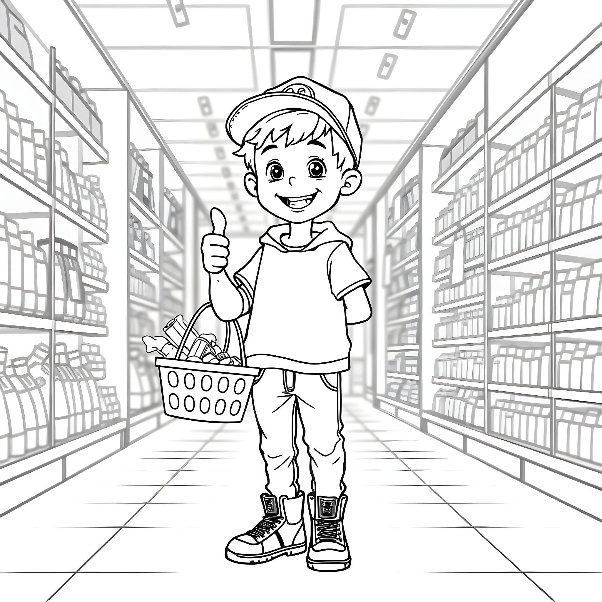 Boy shopping happily in the grocery store Coloring Page (free black-and-white line drawing printable PDF for all, from beginners to advanced learners, including children, teens, adults, and seniors)