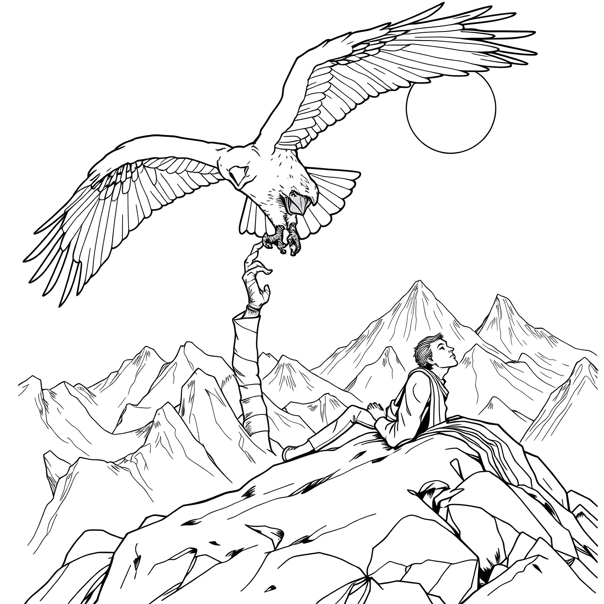 Frodo encounters a giant eagle in the mountains Coloring Page (free black-and-white line drawing printable PDF for all, from beginners to advanced learners, including children, teens, adults, and seniors)
