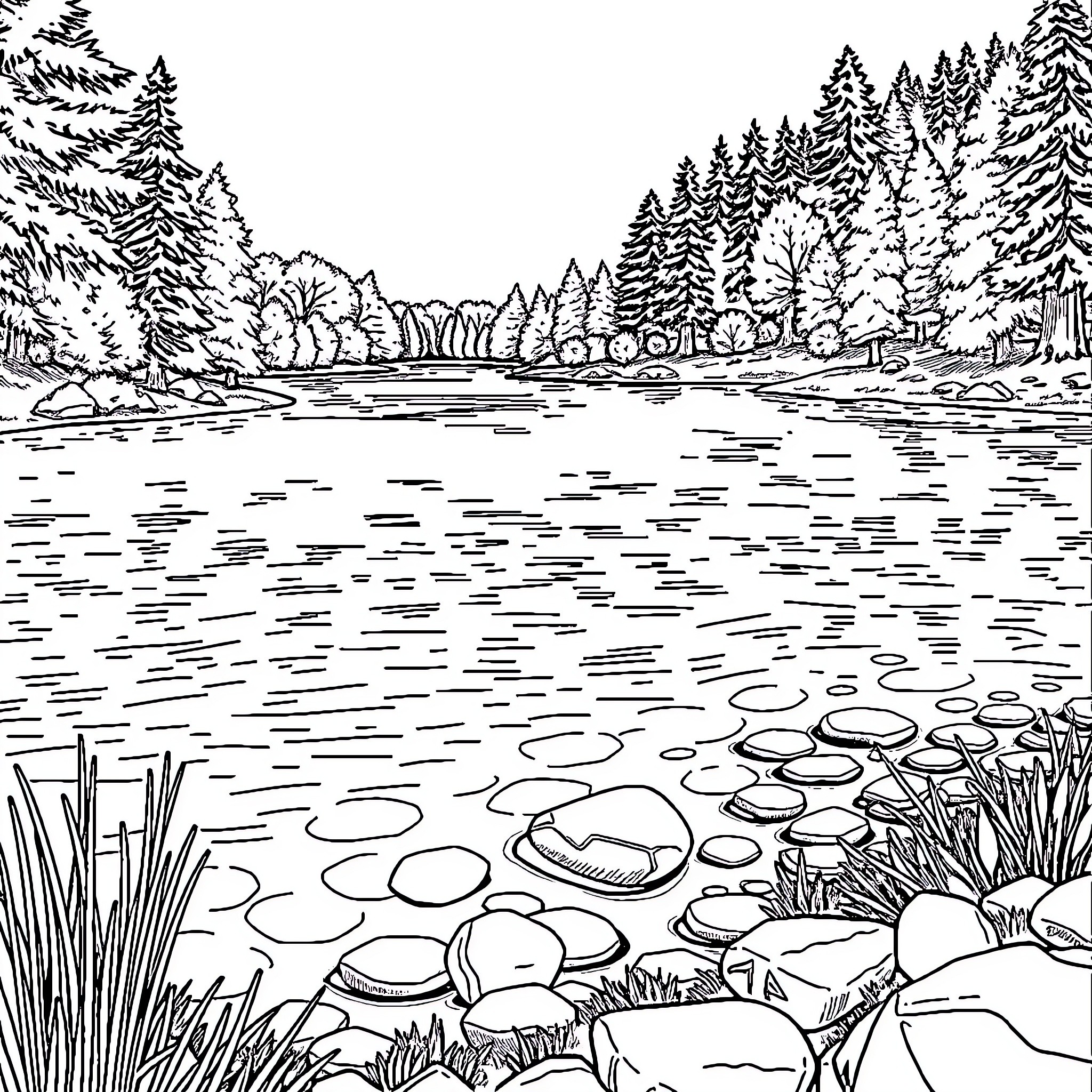 Lake with Peaceful Woodland Scenery Coloring Page (free black-and-white line drawing printable PDF for all, from beginners to advanced learners, including children, teens, adults, and seniors)