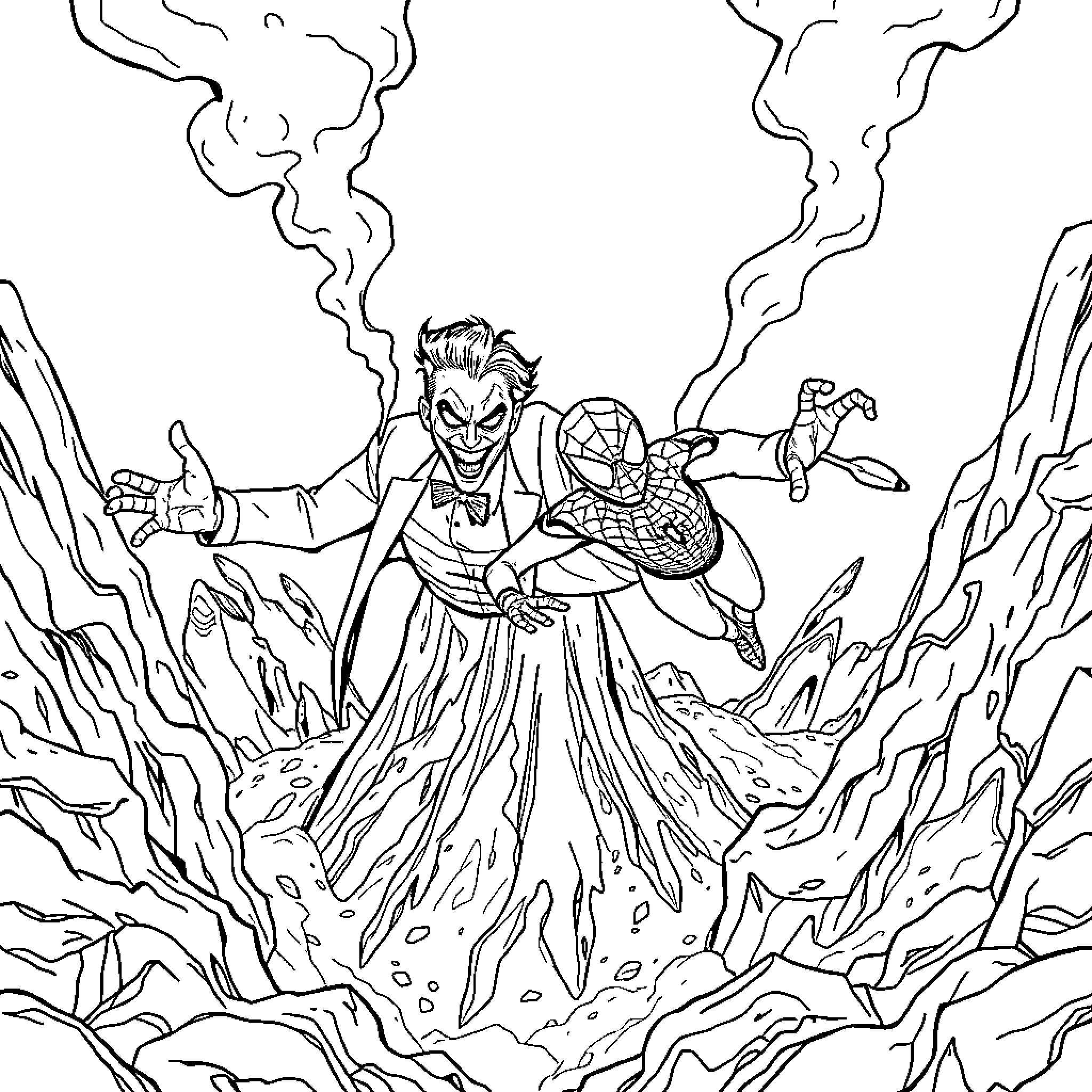 Joker unleashing chaos and mayhem Coloring Page (free black-and-white line drawing printable PDF for all, from beginners to advanced learners, including children, teens, adults, and seniors)