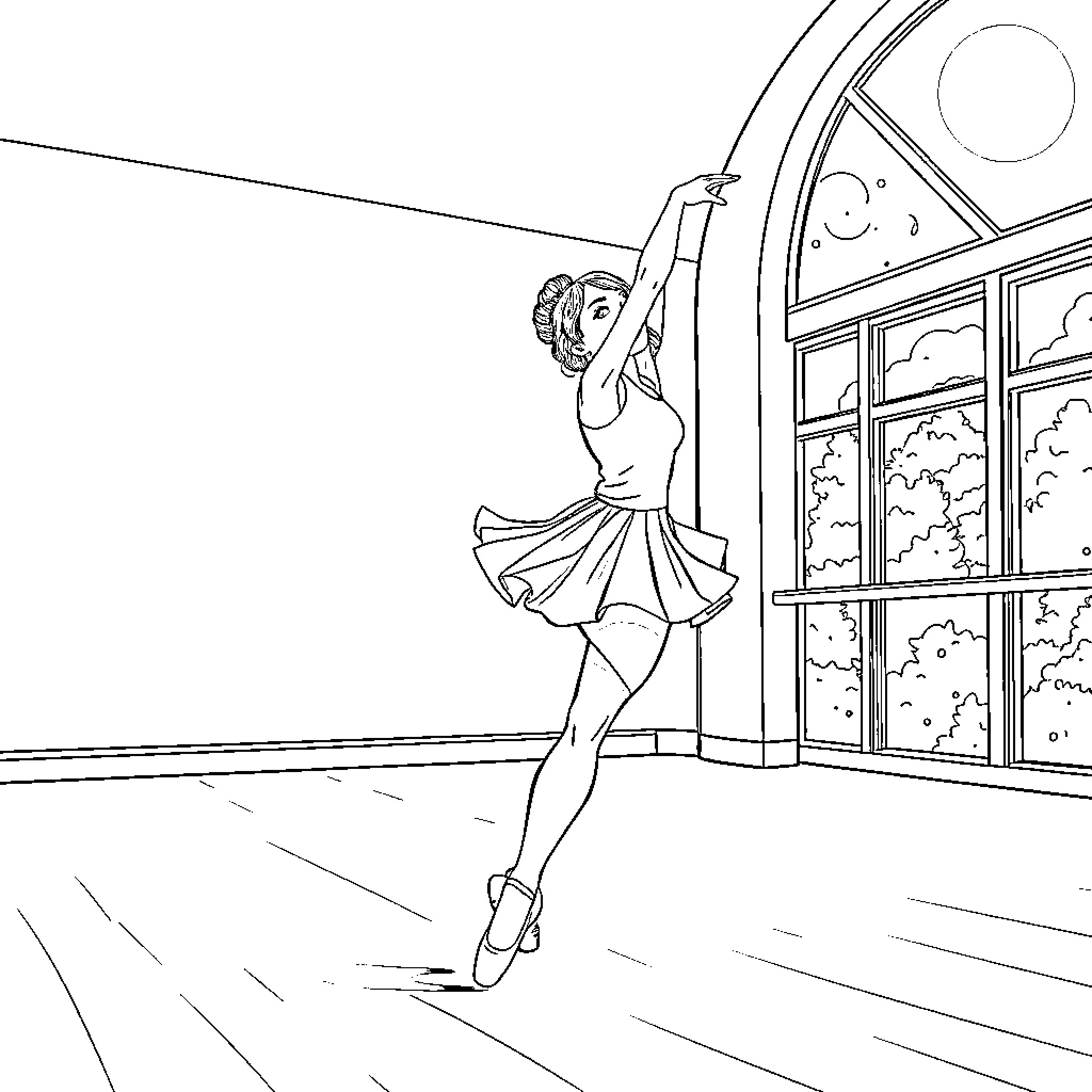 Ballet Girl Gracefully Dancing on Stage Coloring Page (free black-and-white line drawing printable PDF for all, from beginners to advanced learners, including children, teens, adults, and seniors)